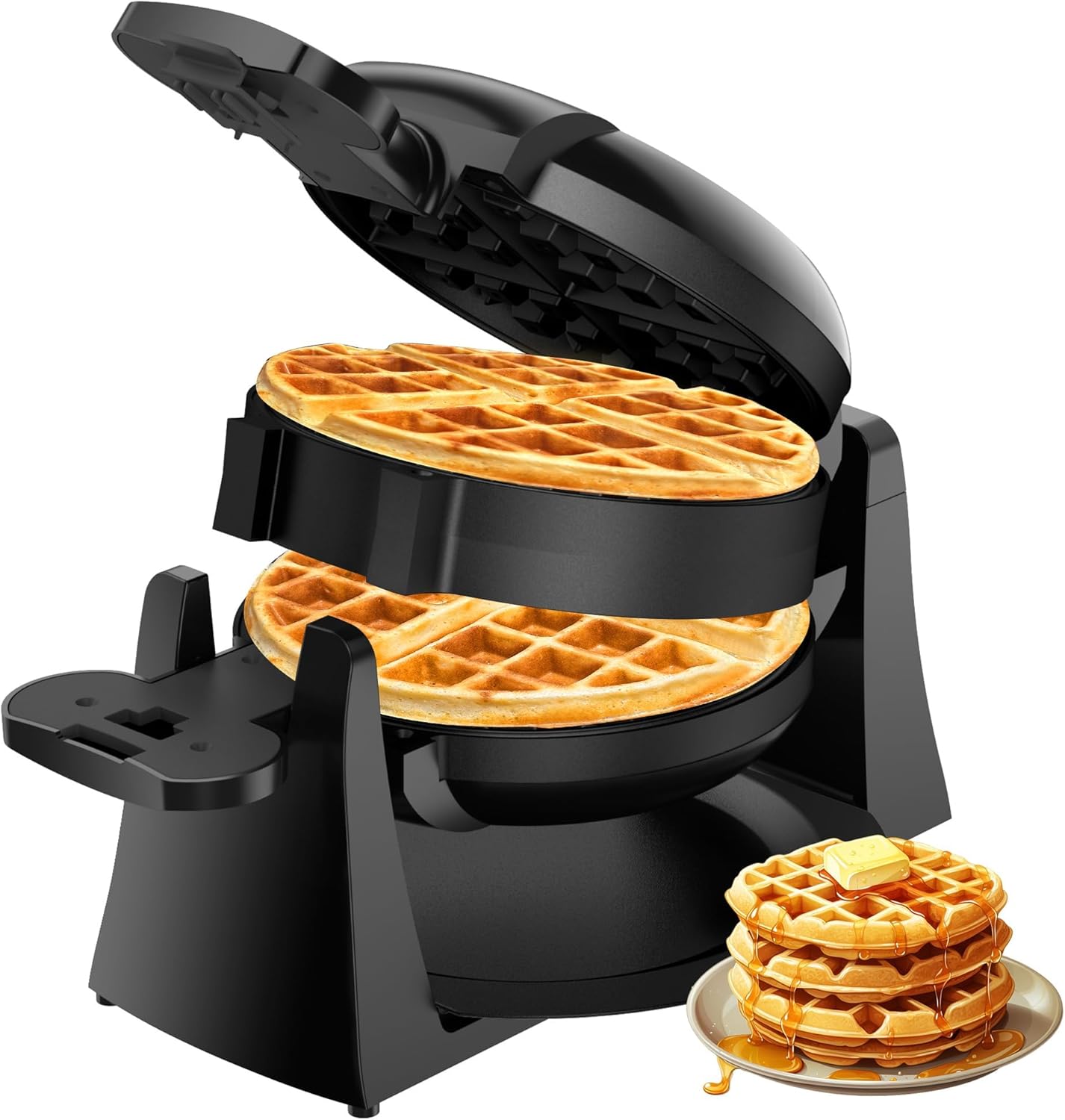 Waffle Maker, 1400W Double Belgian Waffle Iron 180° Flip, 8 Slices, Rotating & Nonstick Plates, Removable Drip Tray for Easy Cleaning, Cool Touch Handles, Space Saving Storage, Black