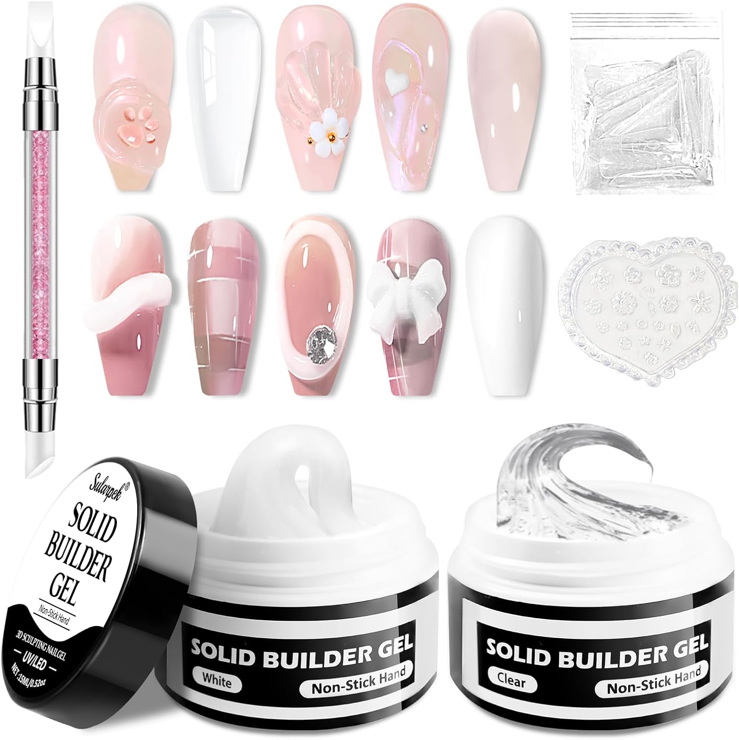 2 x15 ml Solid Builder Gel for Nails, 3D Nail Gel, Non-Stick Solid Sculpture Builder Gels, 3D Sculpting Nail Gels for Nail Extensions, Repair, Nail Art Design(Clear/White)