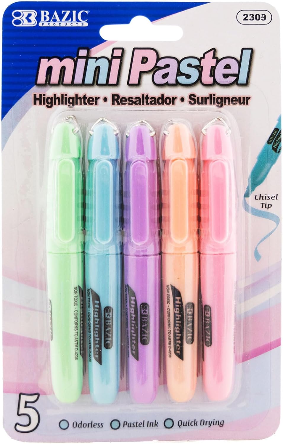 BAZIC Mini Highlighter Pen Pastel Color, Chisel Tip Broad Fine Line Highlighters Unscented (5/Pack), 24-Packs