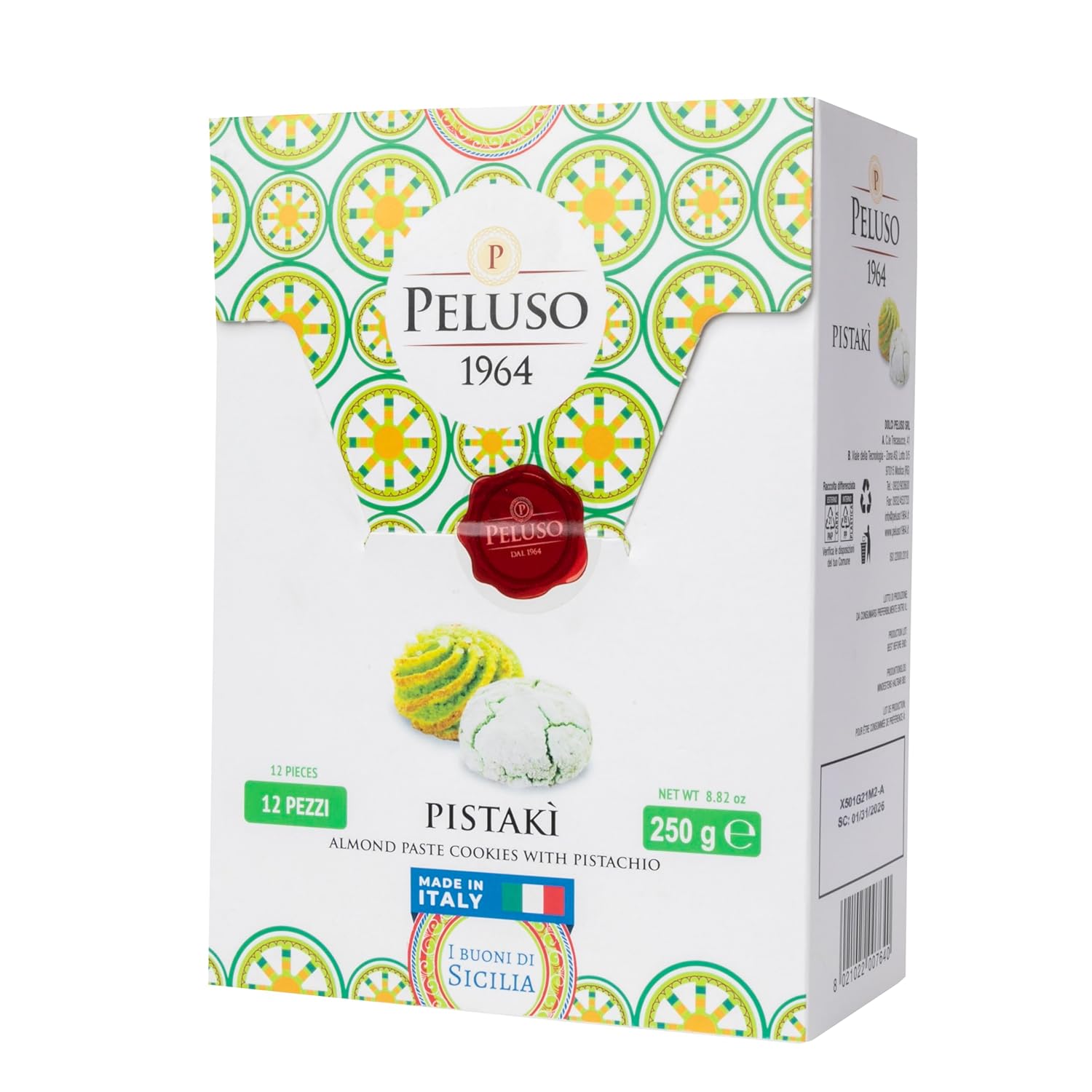 Peluso 1964 Pistaki Sicilian Almond Cookies, 250g (10.08 Oz), 12 Count - Artisanal Italian Pistachio & Almond Biscotti - Authentic Made in Sicily Dessert Treat, Perfect for Snacking & Gifting