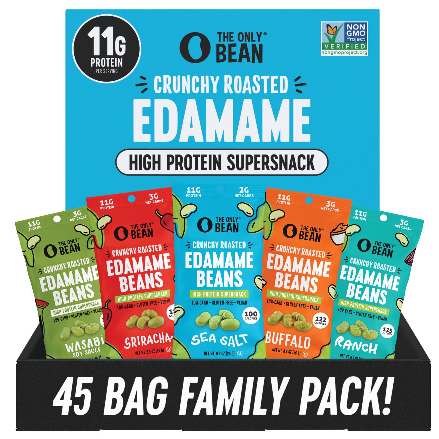 The Only Bean High Protein Snacks, Healthy Office Snacks, Healthy Snacks for Adults and Kids for Lunch, Vegan, Low Carb & Gluten Free - Edamame Beans Snack, Variety Pack - 0.9oz (Pack of 45)