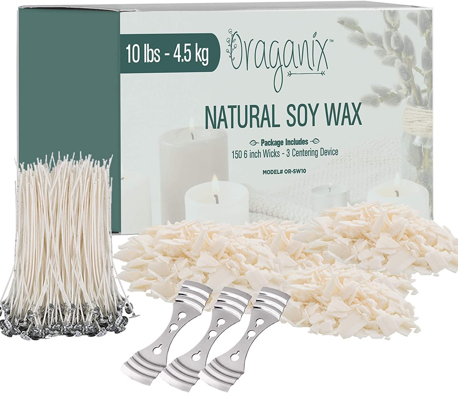 DIY Candle Making Kit and Candle Making Supplies - Soy Wax for Candle Making - 10lbs Soy Candle Wax - 150 6-Inch Pre-Waxed Candle Wicks - 3 Metal Centering Devices - Bulk Flakes Soy Wax 10 lb