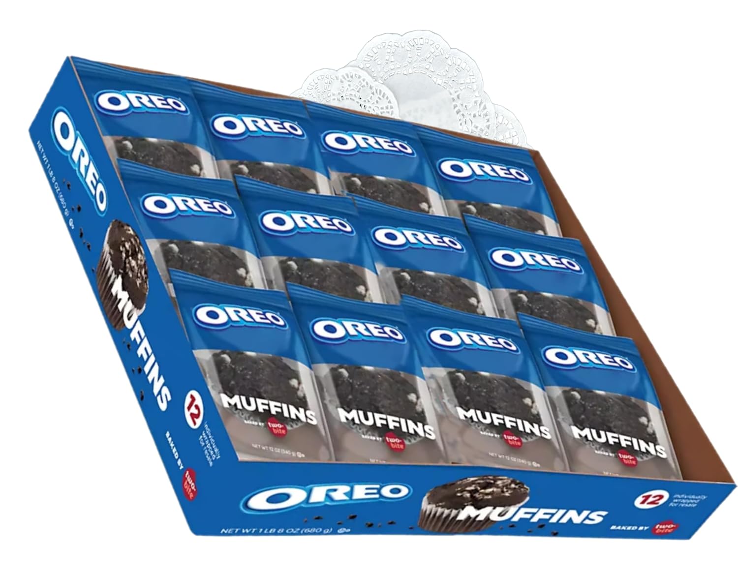 Home Sweet Bundles 12-Pack Fresh Baked Oreo Mini Muffins with Decorative Doilies Gift Set Bundle - Includes 30 Pressed Flower and Rose-Embossed White Doilies (6.5", 8", 9.5" Sizes)