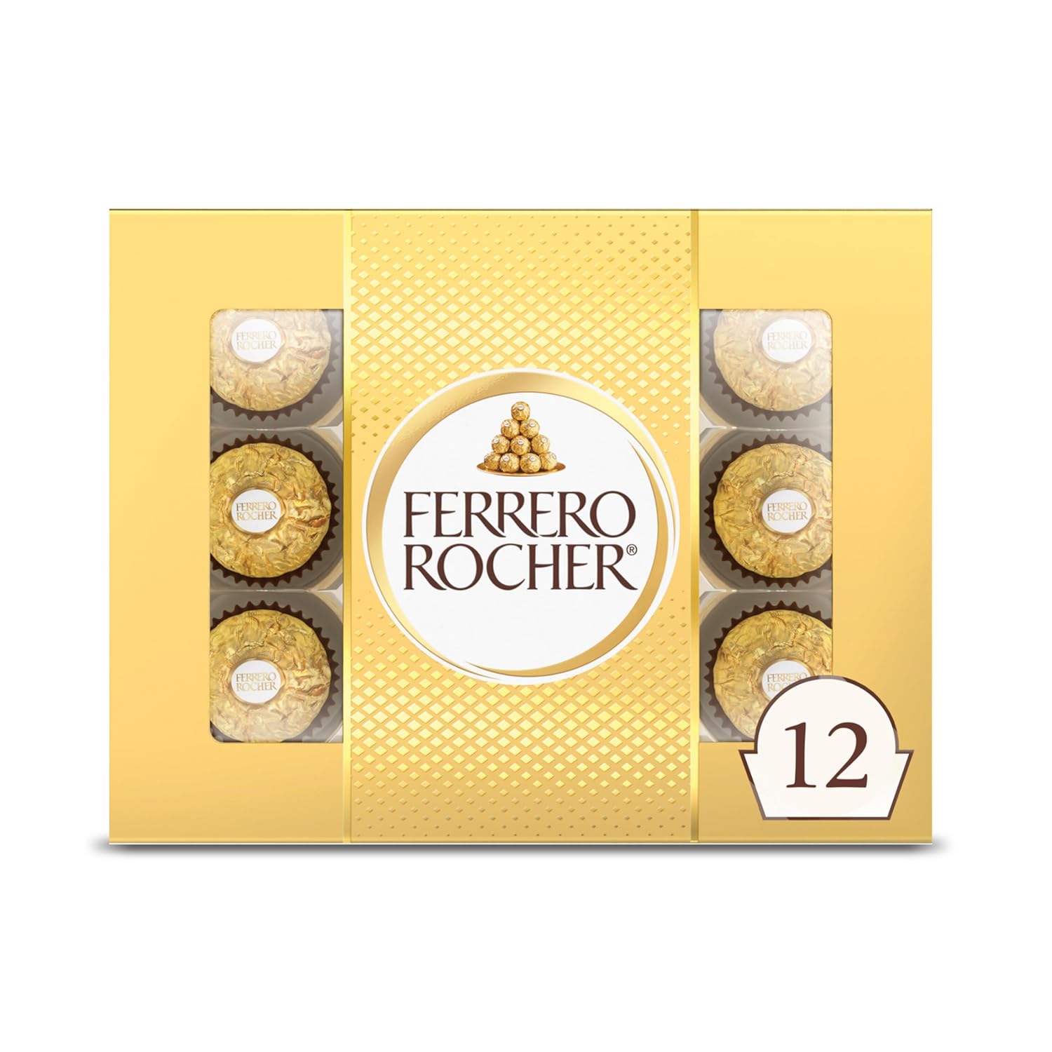 Ferrero Rocher, 12 Count, Gourmet Milk chocolate Hazelnut, Chocolate Gift Box, Individually Wrapped, 5.3oz