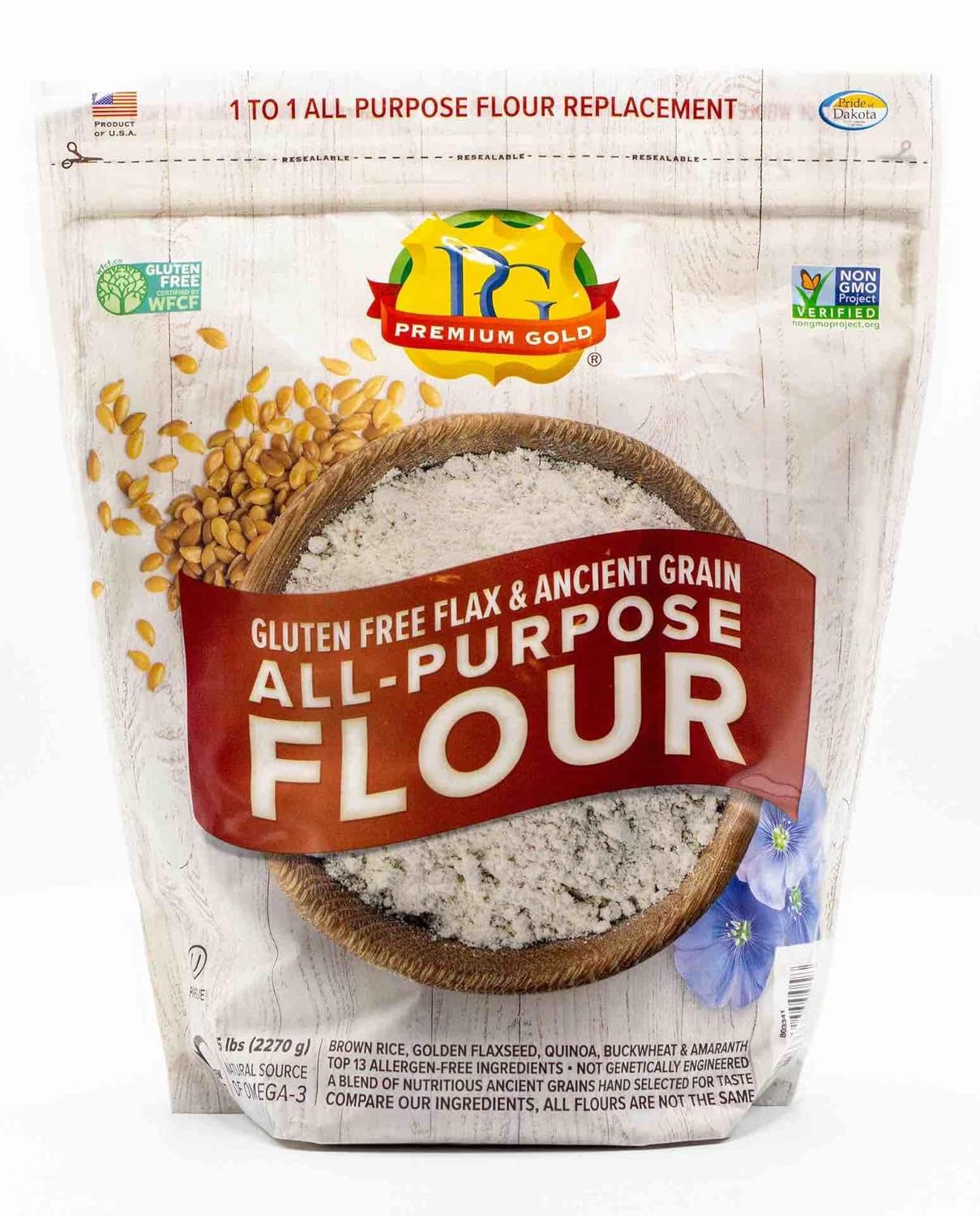Premium Gold Gluten Free All Purpose Flour, 5 Pound, Gluten-Free, Non-GMO, Kosher, High In Fiber, Source of Omega-3, Plant-Based Protein, No Preservatives, No Additives, Ideal for Beverages, Baking & Topping, Baking Flour Substitute