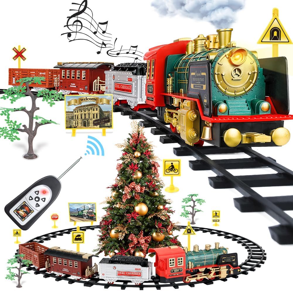 Remote Control Train Set - Electric R/C Train Toy for Kids w/Smokes,Lights & Sound,Railway Kits w/Steam Locomotive Engine,Cargo Cars & Tracks, Christmas Toys for 3 + Year Old Kids