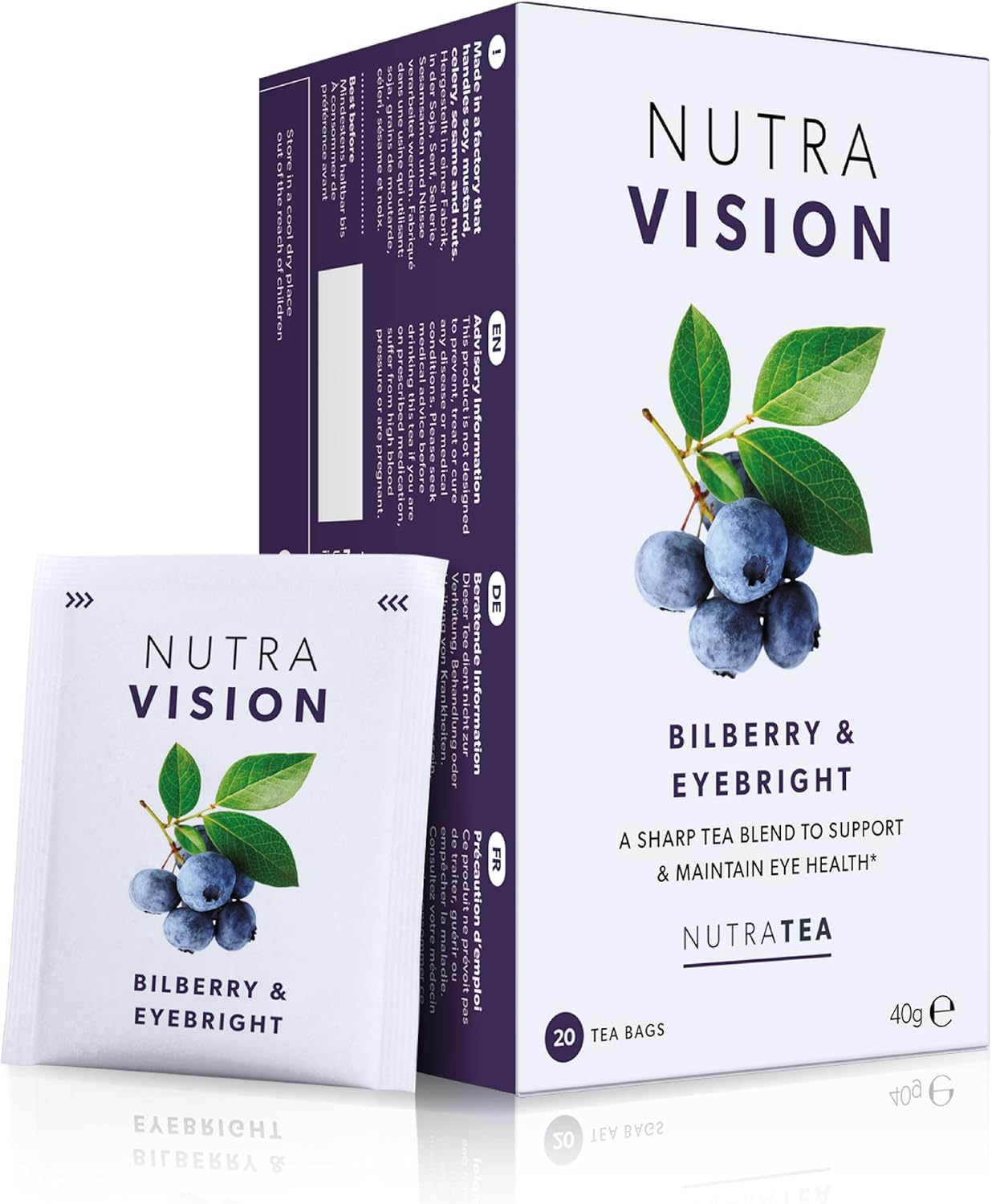 Nutra Tea NUTRAVISION - Eye Support Herbal Tea | Eye Care Health Supplement - Includes Eyebright, Bilberry & Green Tea - 20 Enveloped Tea Bags - Herbal Infusion (1 Pack)