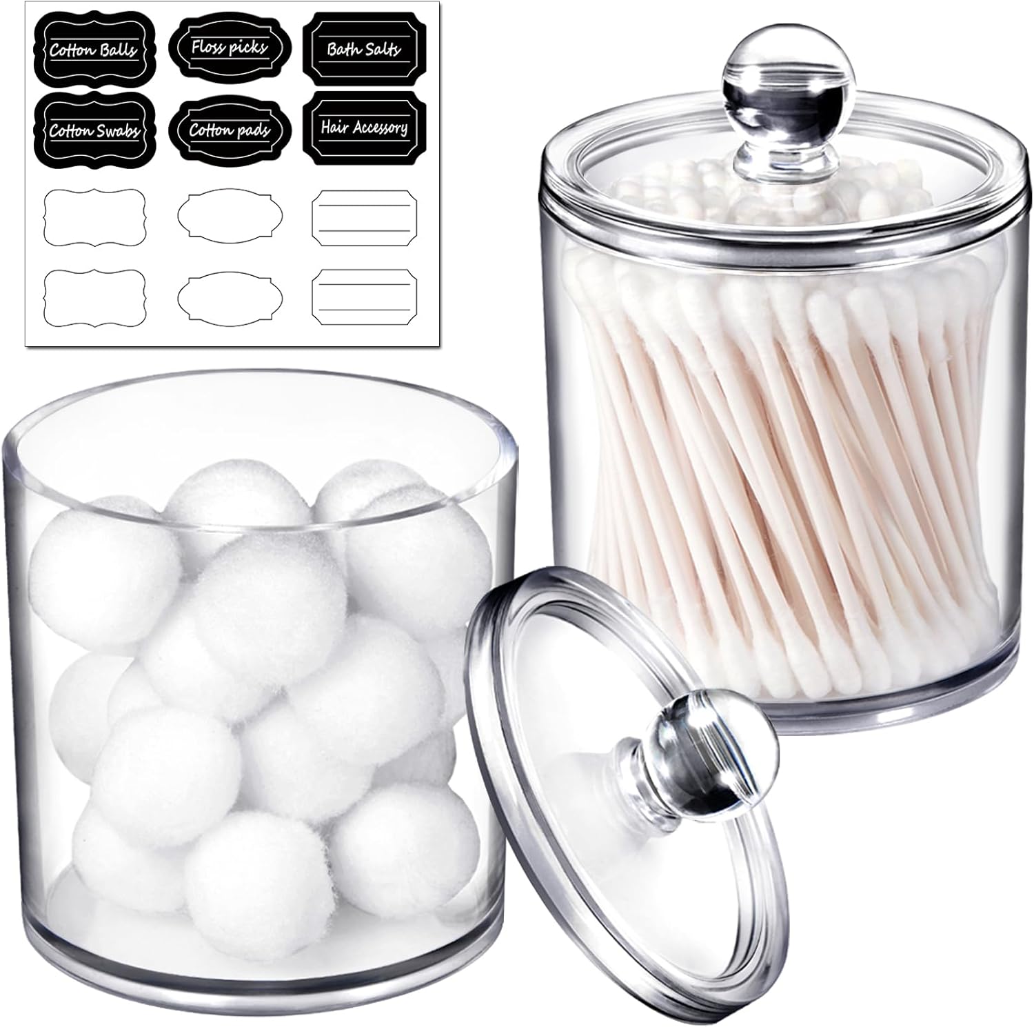 SheeChung 2 Pack Qtip Dispenser Apothecary Jars Bathroom with Labels - Qtip Holder Storage Canister Clear Plastic Acrylic Jar for Cotton Ball, Pads, Swab,Q-tips, Rounds (Small)