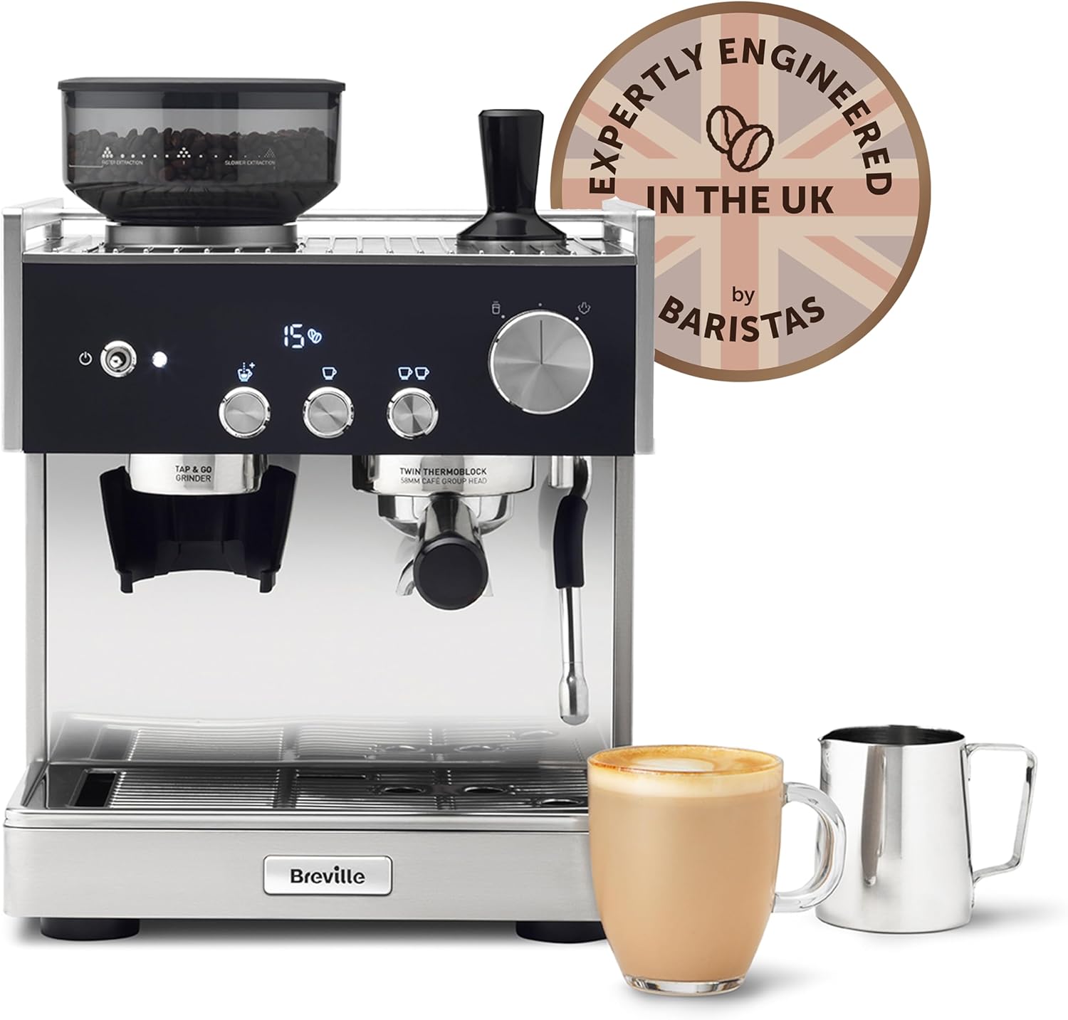 Breville Barista Signature Espresso Machine | Bean to Cup Coffee Maker with Integrated Coffee Grinder & Milk Frother | 15 Bar Italian Pump | Stainless Steel [VCF160]