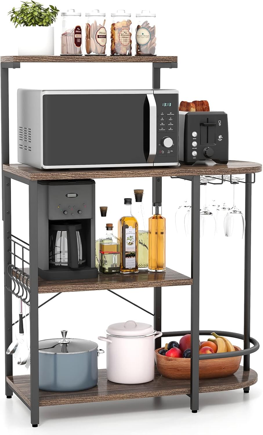 TANGZON 4-Tier Baker’s Rack, Industrial Microwave Stand with Removable Top Shelf, Glass Holders, S-Hooks & Adjustable Foot Pads, Freestanding Utility Kitchen Storage Shelves Organiser