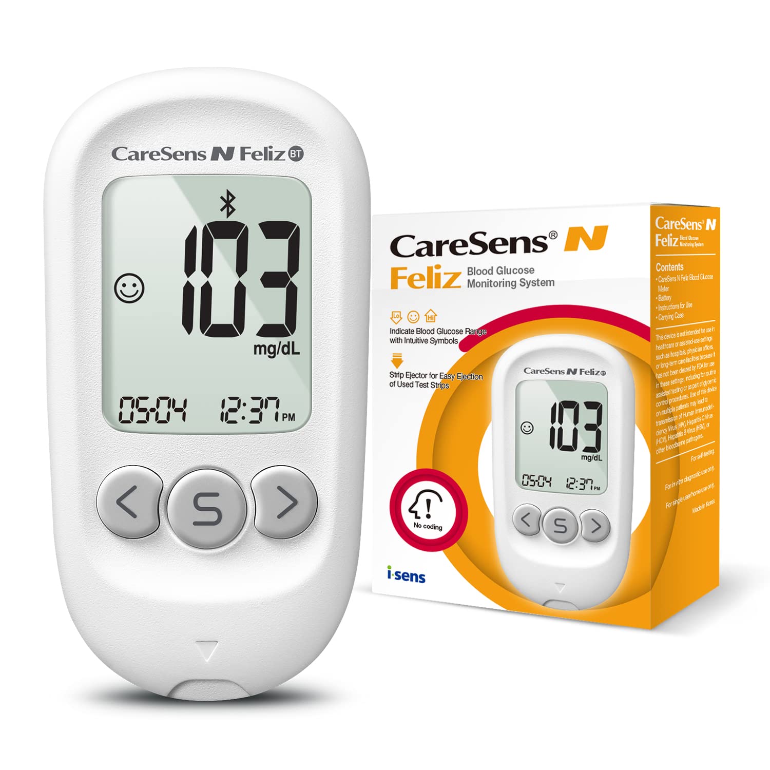 CareSens N Feliz Bluetooth Blood Glucose Monitoring System - Meter Only - 1 Bluetooth Diabetes Blood Glucose Meter, 1 User Guide, 1 Quick Reference guide, 1 Case & 1 CR 2032 Battery