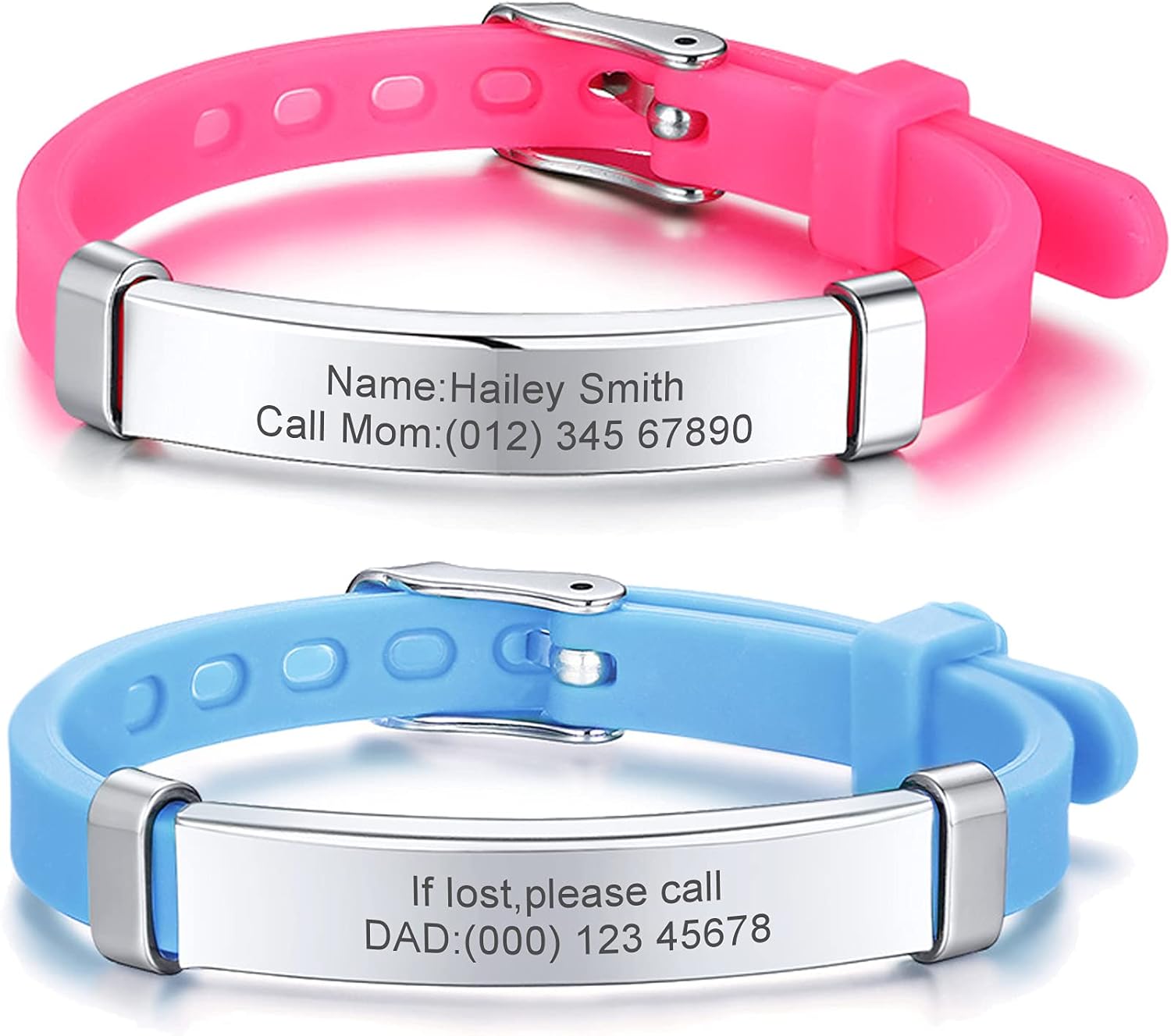 PJ JEWELLERY Pack of 2 Assorted Color Personalised Stainless Steel Soft Silicone Child Safety ID Bracelets Adjustable Anti-Lost ID Wristbands for Kid Girls Boys