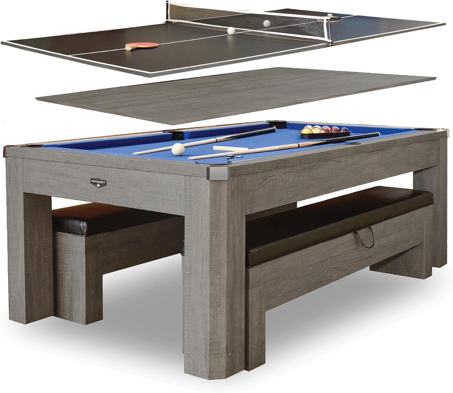 Hathaway Newport 7 Foot Dining Pool Table Combo with Game Accessories, & 2 Benches – Multifunctional Billiards Table with Ping Pong & Dining Top - Rustic Gray Finish, Blue Felt, Chrome Accents