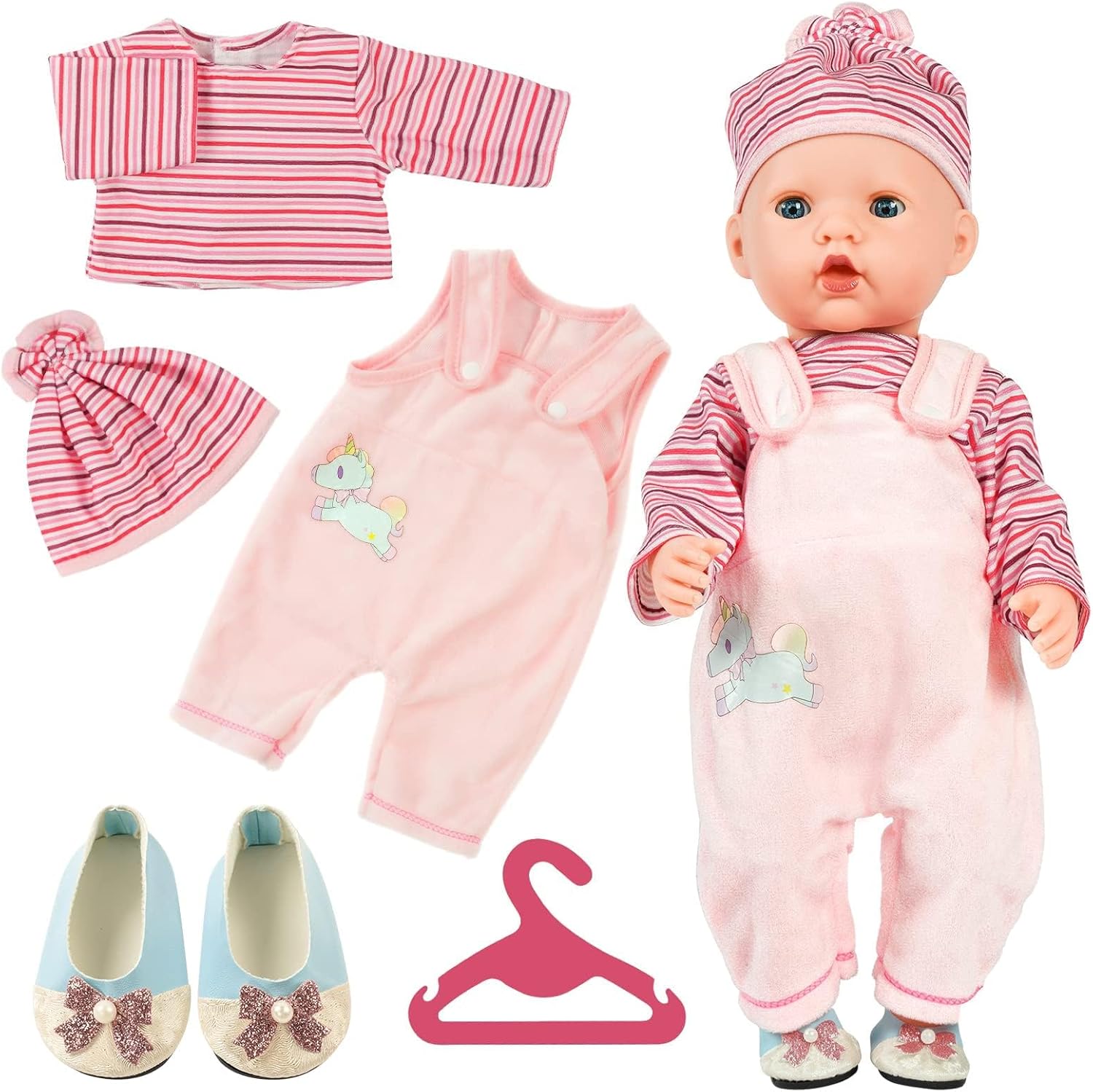 Aolso Baby Doll Clothes for 14-18 Inch Doll 35-45 cm Baby Doll, New Doll Clothes Outfits, Sweet Outfits Long Sleeve Overalls with Coat hanger, New Born Baby Dolls Girls Birthday (Pink)