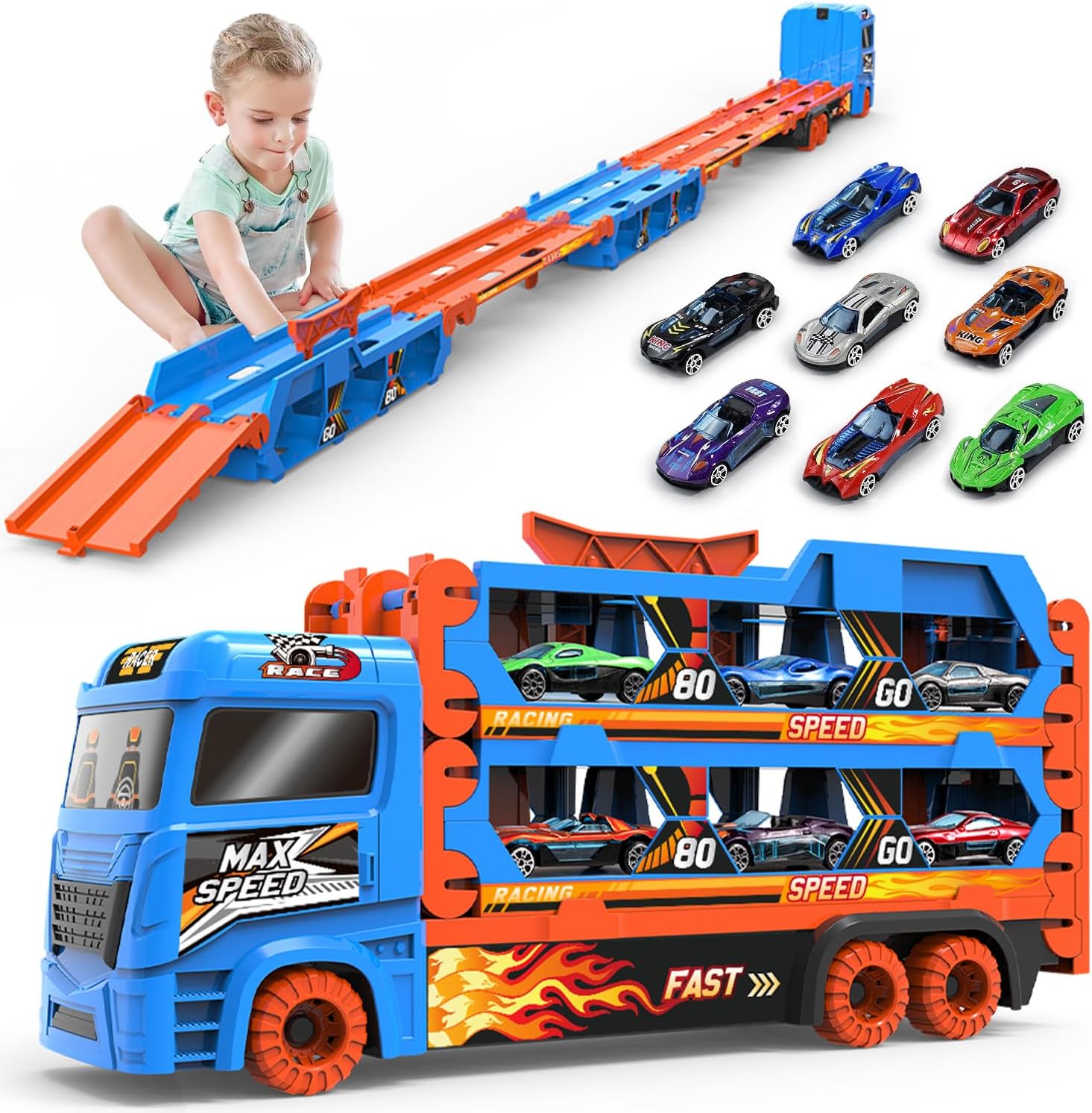 BAKAM Race Tracks Set for Kids Ages 3-5, Tracks for Toddlers 2-4 Years, Car Carrier Trucks Garage Toys for 3+ Year Old, Toys for Ages 2-4, 3 Year Old Boy Birthday Gift (Blue)