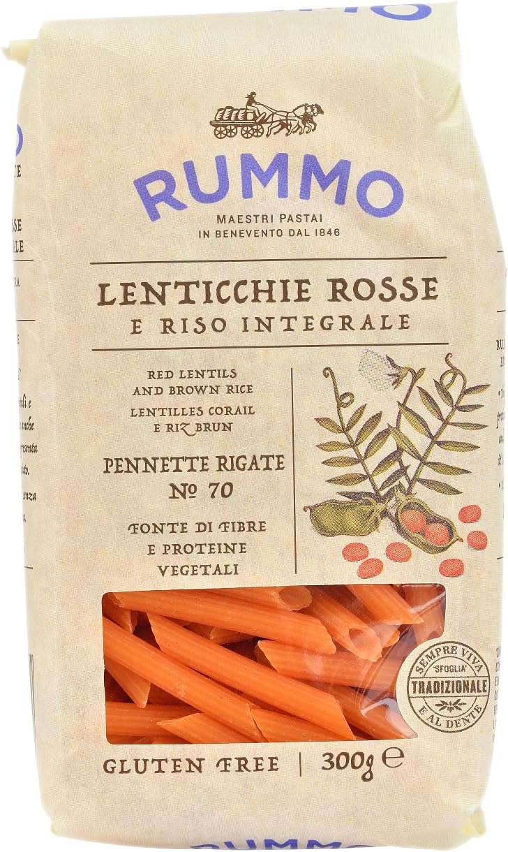 Rummo Pennette Lenticchie Rosse No.70 - Premium Gluten-Free Red Lentil Pasta, Naturally High in Protein, 300 g (Pack of 1)