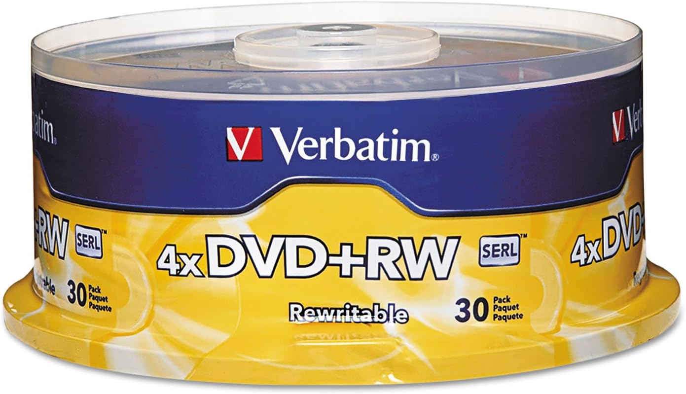 Verbatim DVD+RW Blank Discs 4.7GB 4X Recordable Discs - 30pk Spindle 94834,Silver