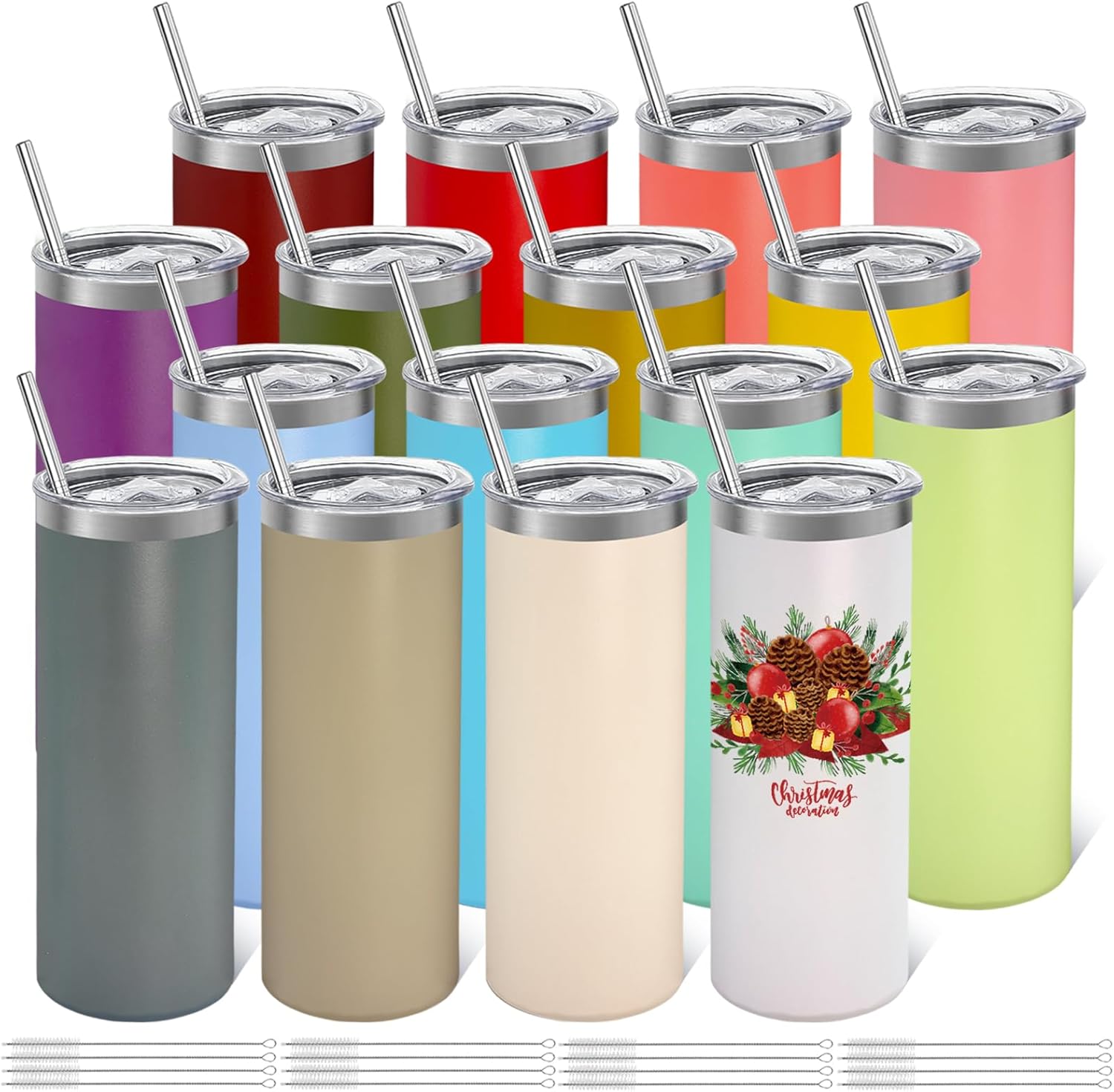 16 Pack Stainless Steel Skinny Tumblers Bulk Straight Double Wall Powder Coated Insulated Tumbler with Lid and Straw for Laser Engrave, DIY Gift, 20oz Mix Colors
