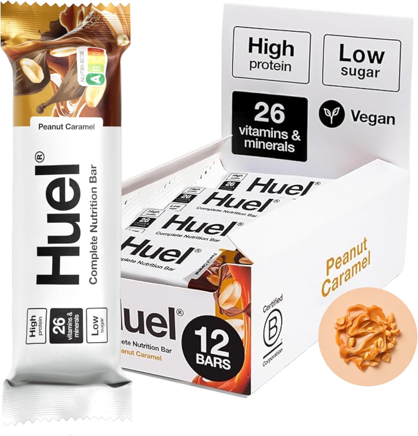Huel Complete Nutrition Bar, 12 x 55g Bars, Peanut Caramel, High Protein Bar, Plant-Based Protein Bars, Low Sugar, High Fibre, High-Protein Snack with Vegan Chocolate, Under 210 Calories