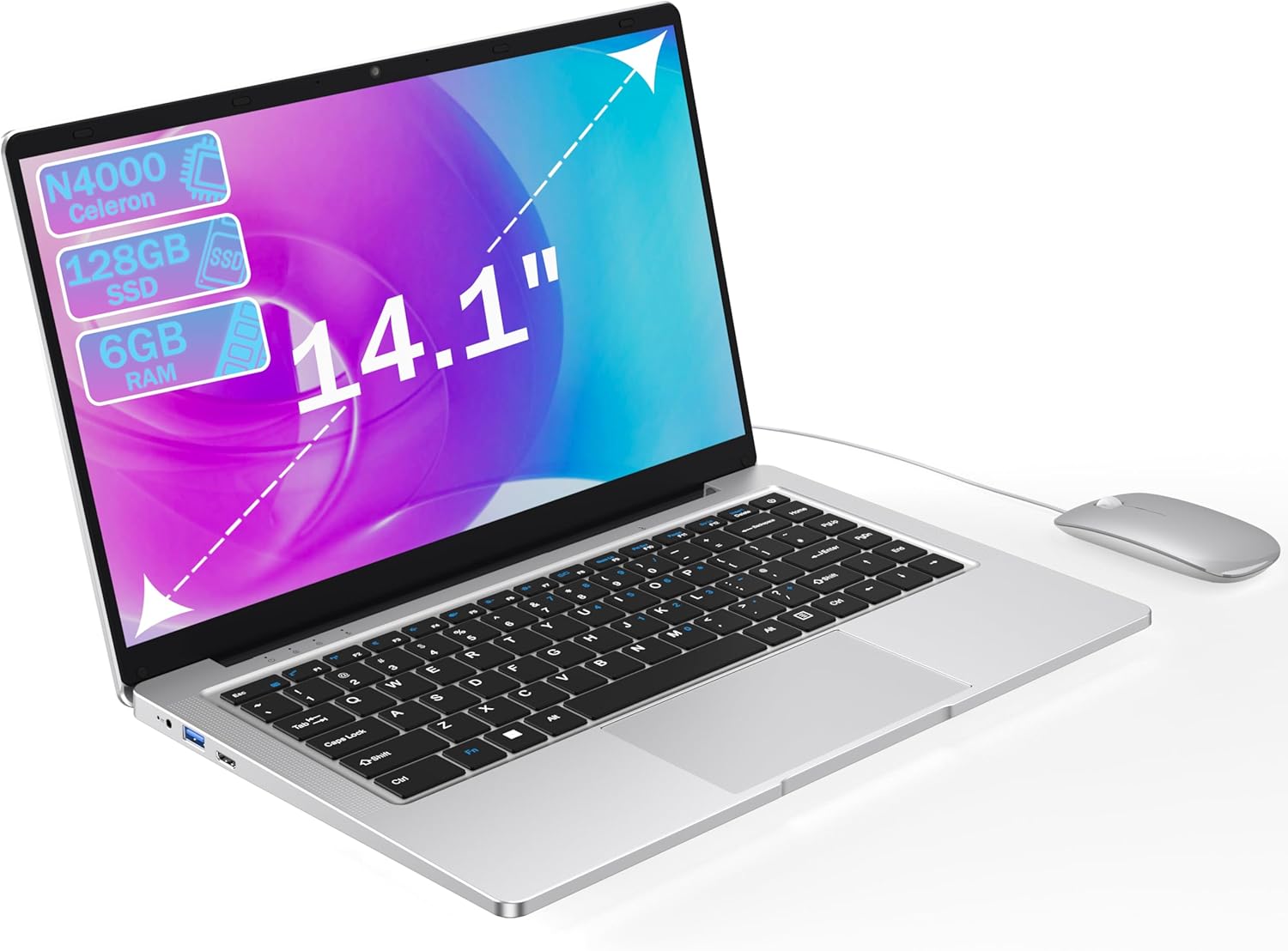 Laptop Computer Celeron N4000 Dual Core,14 inch laptop 6GB RAM 128GB SSD,Supports 2.4G/5G WiFi,Fan-less design Portable Laptop,W 11pro,Bluetooth 5.0,USB 3.0 ports,Mini-HDMI,Ethernet Adapter