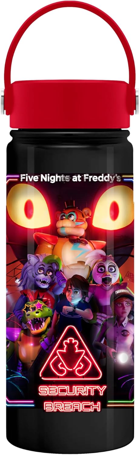 Silver Buffalo Five Nights at Freddy's Stainless Steel Water Bottle with Swivel Handle Featuring Gregory, Vanny, Glamrock Freddy, Glamrock Chica, Montgomery Gator, and Roxanne Wolf, 20 Ounces
