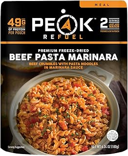 Peak Refuel Beef Pasta Marinara | 49g Protein | 1040 Calories | 100% Real Meat | Premium Freeze Dried Backpacking & Camping Food | 2 Servings | Ideal MRE Survival Meal (2 Serving Pouch)