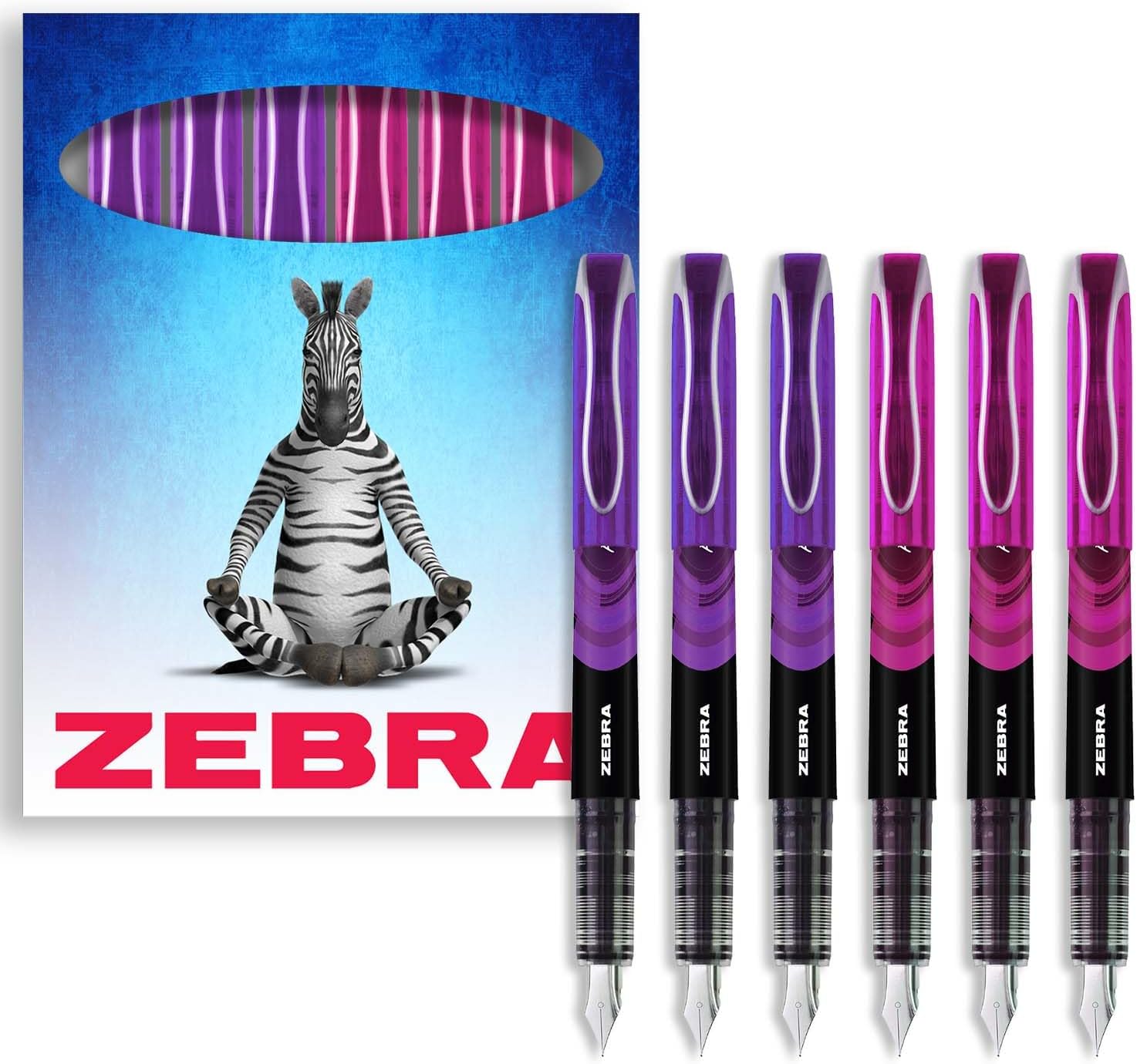 Zebra Fuente Pen - Disposable Fountain Pens - Pack of 6 - Violet & Pink Ink - In Zebra Cardboard Gift Box