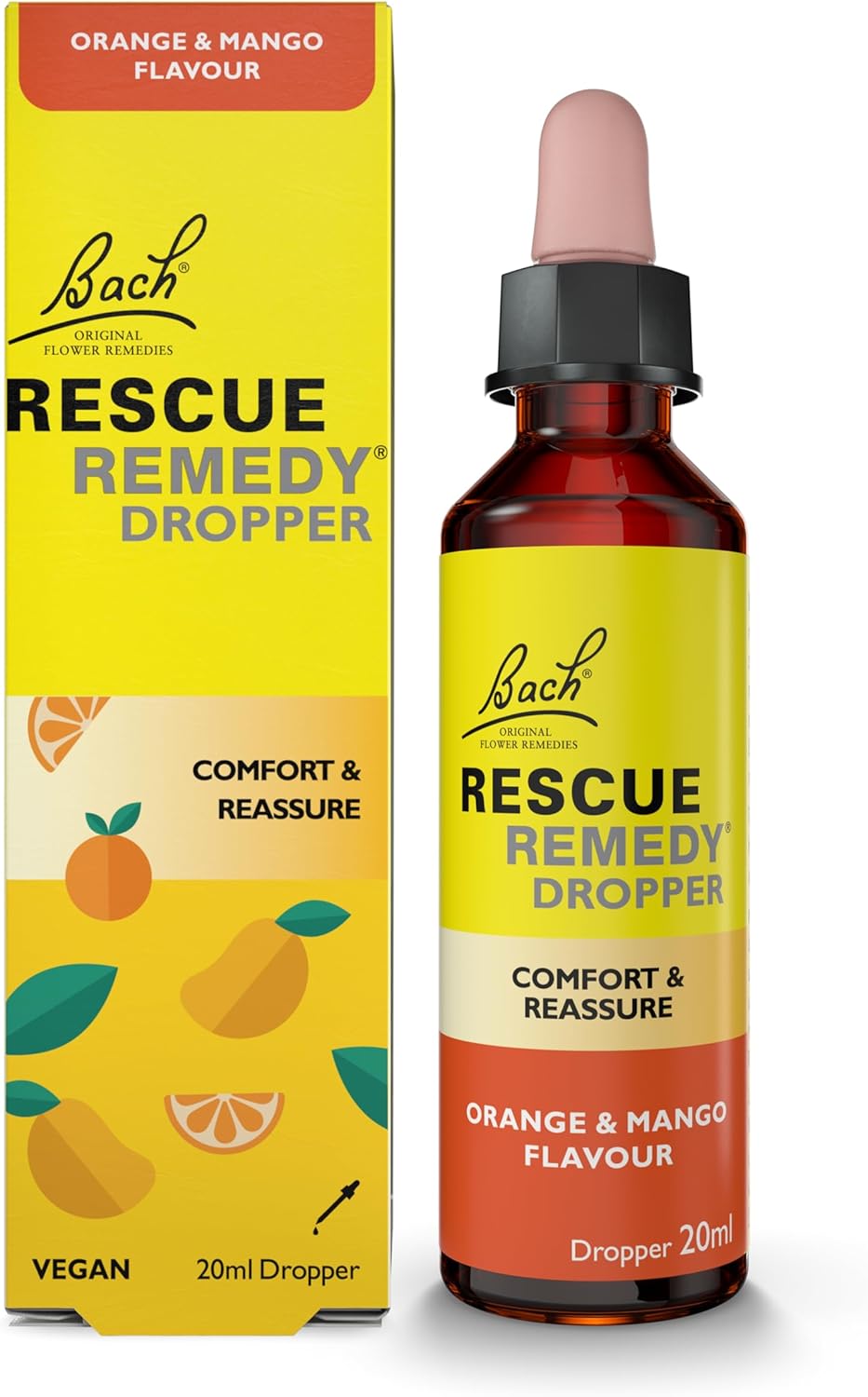 Rescue Remedy Dropper 20ml (Orange & Mango) Comfort & Reassurance, Alcohol Free, Natural Emotional Wellness Day Support, Flower Essence Vegan Formula, Travel, Exams