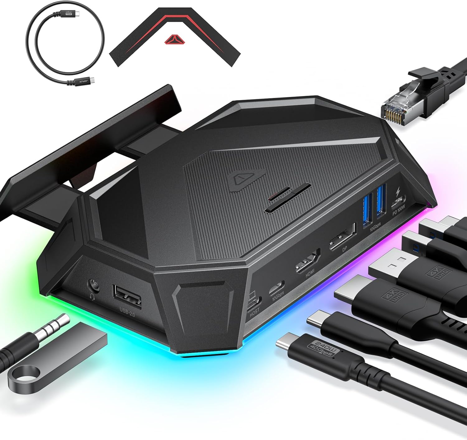 JSAUX RGB Docking Station for Steam Deck (OLED)/ROG Ally/Legion Go, 12-in-1 Handheld Dock with 4K@120Hz HDMI & DisplayPort Gigabit Ethernet USB C 3.2 USB A 3.2/2.0, SD/TF Slots 3.5mm Jack-HB1201S