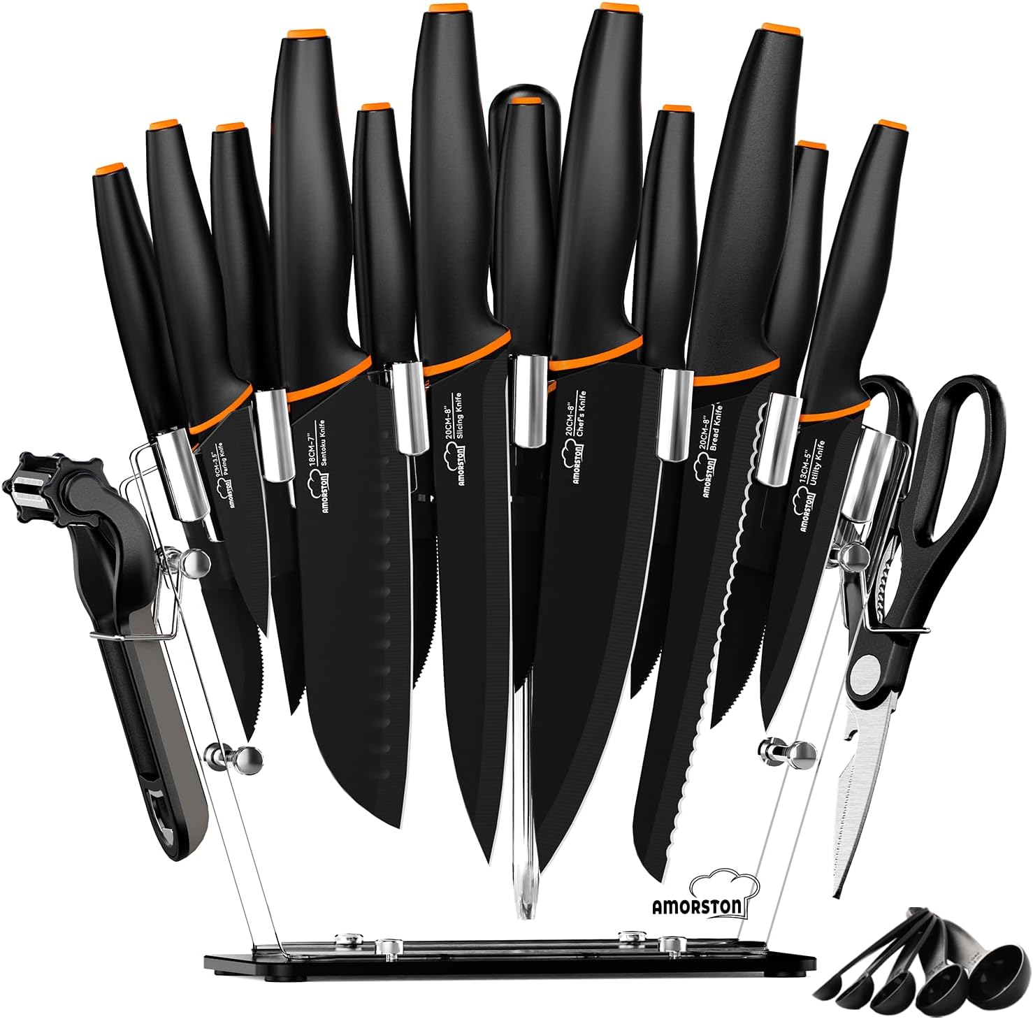 Knife Set, Kitchen Knife Blcok Set with Acrylic Transparent Knife Block, Dishwasher Safe, German Stainless Steel, Black
