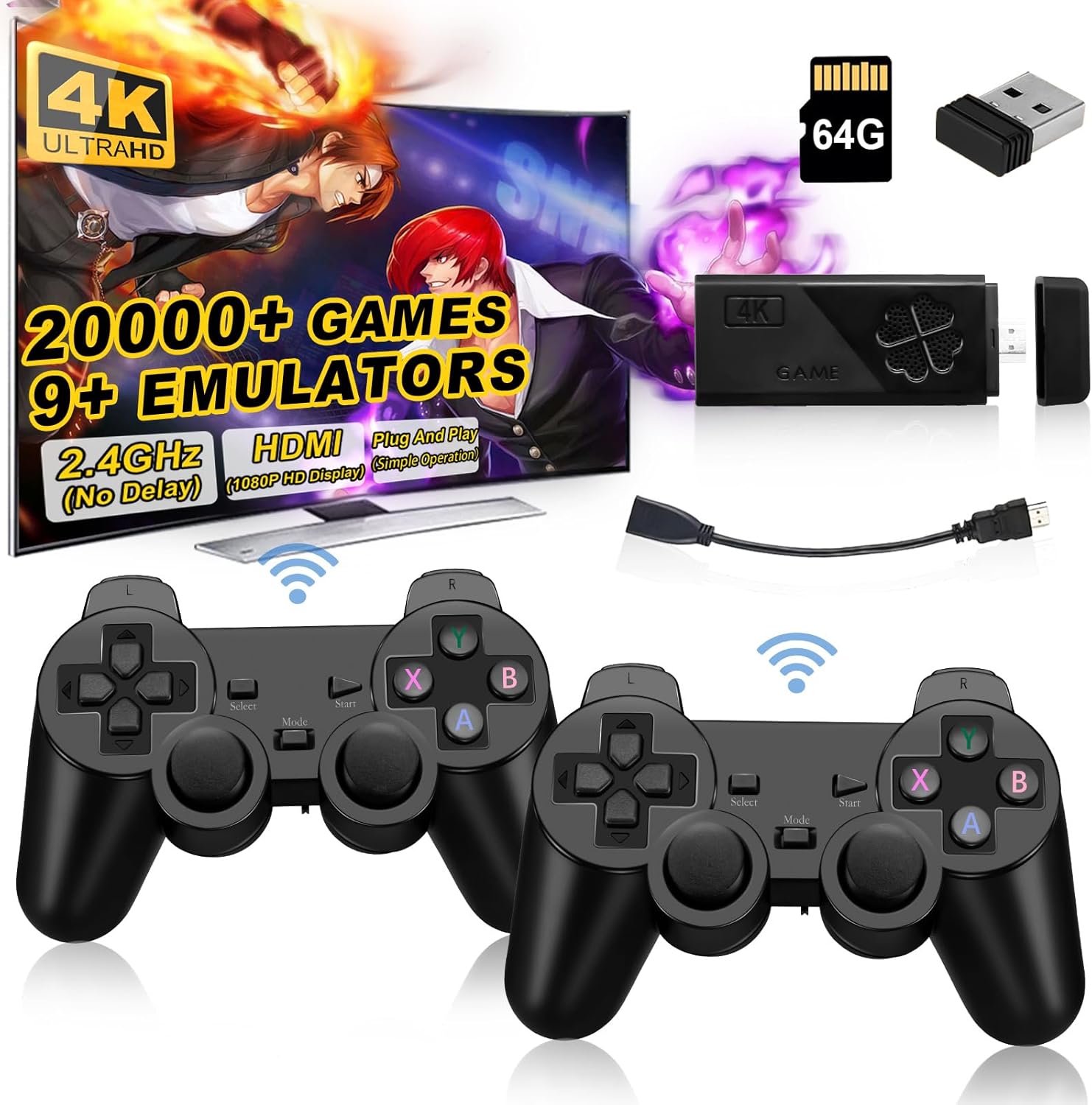 Wireless Retro Game Console Stick, Upgrade Retro Video Gaming Stick Built in 20000+ Games with 9 Emulators,4K HDMI Output with 2 Pack 2.4G Wireless Controllers,Game Emulator Console 2025(64GB) Black