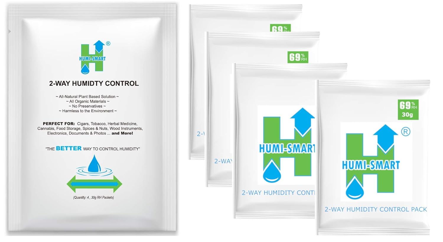 Humi-Smart 2-Way Humidity Control 69% RH 30g 4 Pack for ideal humidity