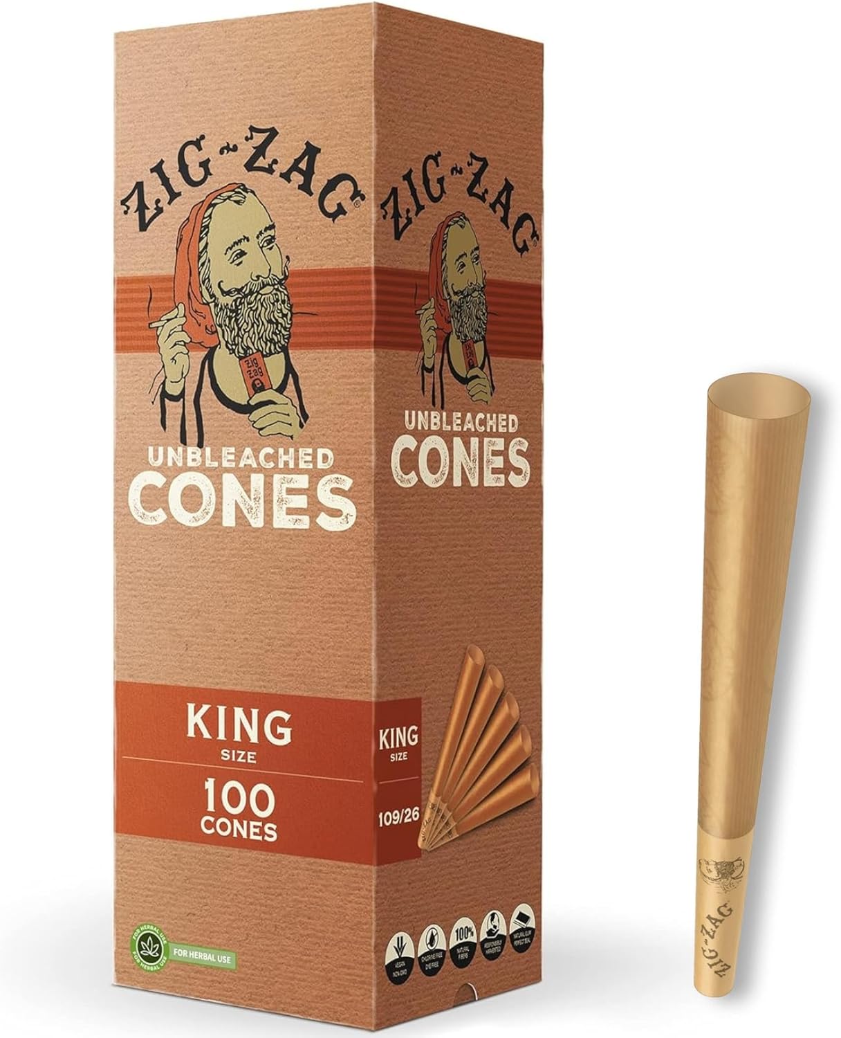 ZIG-ZAG Pre Rolled Cones King Size Unbleached (100-Pack) - Slow Burning Pre Rolled Cones with Tips & Packing Tubes Included - Bulk Pack