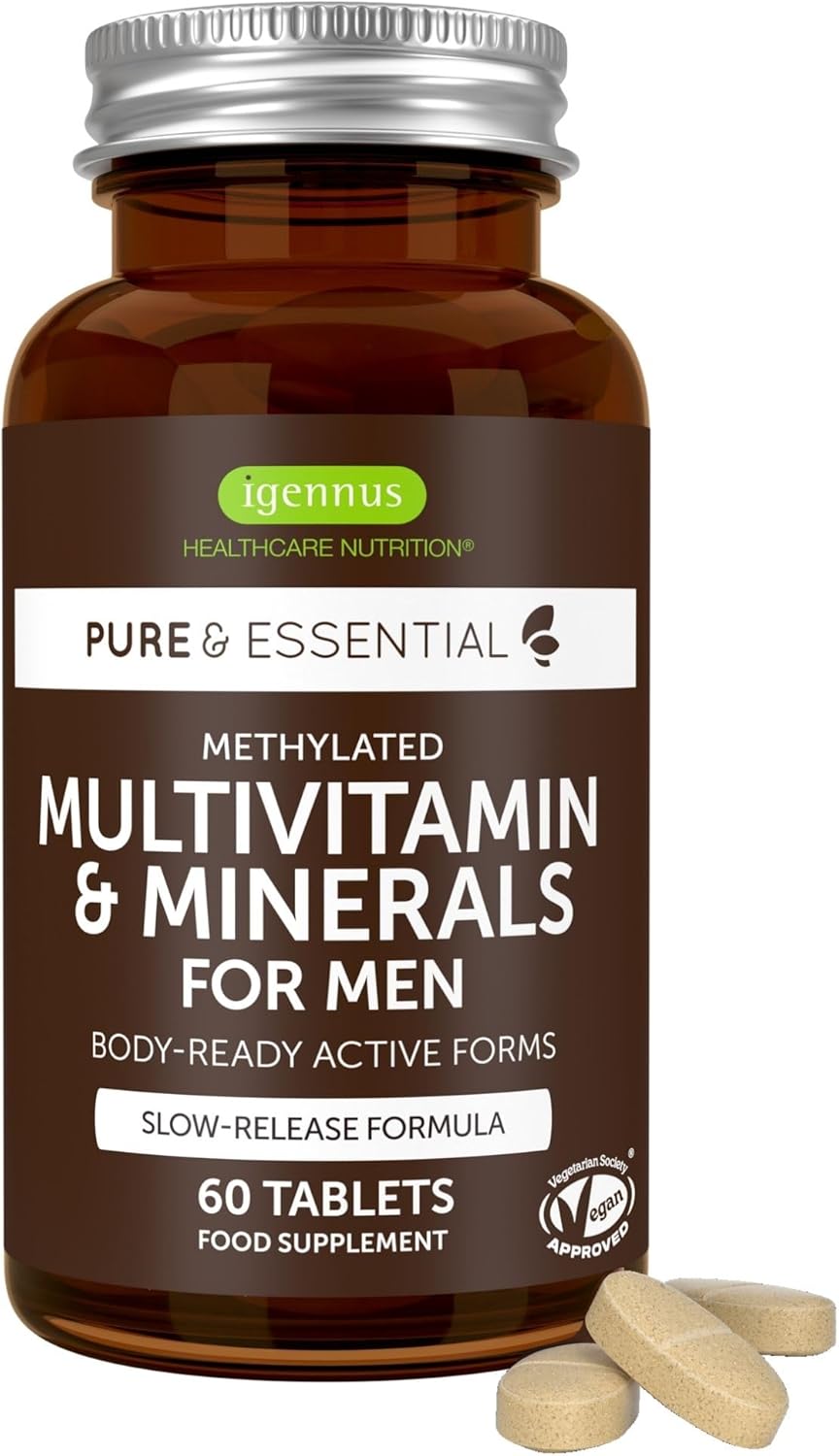 Igennus Methylated Men's Multivitamin, 21 Actives Expertly Formulated For Male Wellness, Clean Label, All Day Nutrient Delivery, Energy & Heart Health, 60 Easy-to-Swallow Vegan Tablets, Non-GMO, Halal