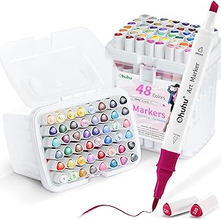 Ohuhu Alcohol Markers Brush Tip: Double Tipped Art Marker Set for Artists Kids Adults Drawing Sketching Illustration - Brush Chisel Color Marker - Pack with 94 Vibrant Colors 2 Marker Cases 2 Blenders