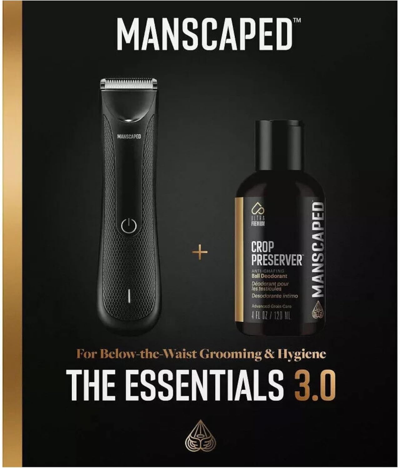 Manscaped The Essentials 3.0, Electric Groin Hair Trimmer, Replaceable Ceramic Blade Heads, Waterproof Wet/Dry Clippers. The Crop Preserver,Moisturizer Featuring Soothing Aloe Vera, 4oz,Black