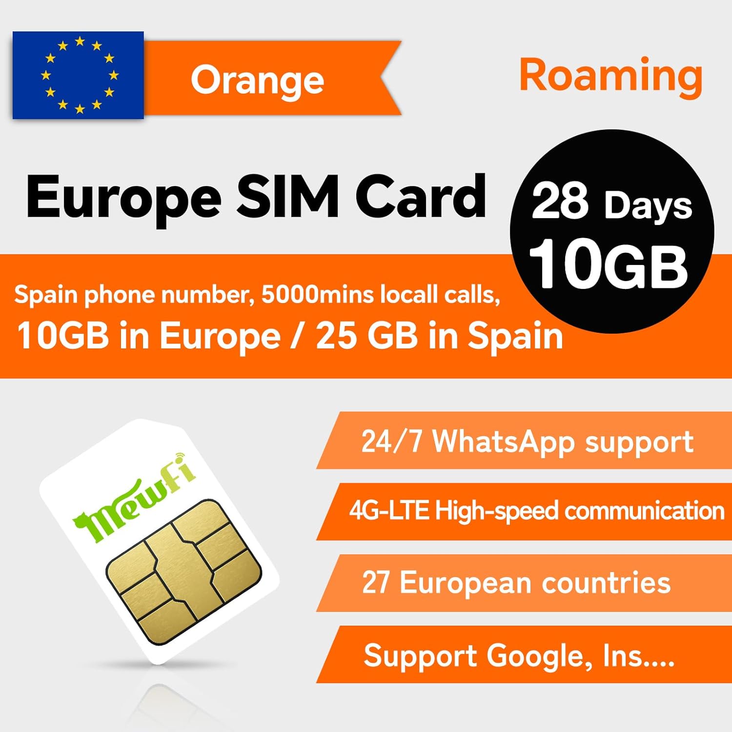 Orange SIM Card Europe with Spanish Phone Number, 28 Days 10 GB in Europe, 25 GB in Spain –5000mins Local Calls, 4G Data–Easy Activation& 24/7 Whatsapp Support, for Unlocked Phones