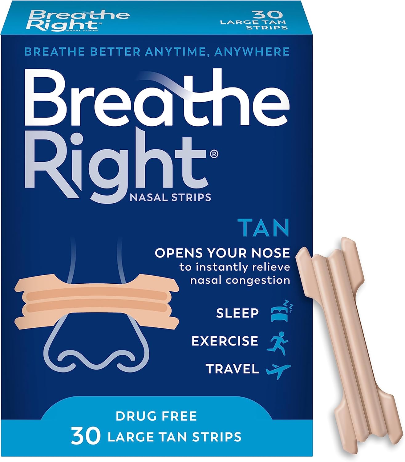 Breathe Right Original Nose Strips to Reduce Snoring and Relieve Nose Congestion, Tan, 30 Count (Packaging May Vary)