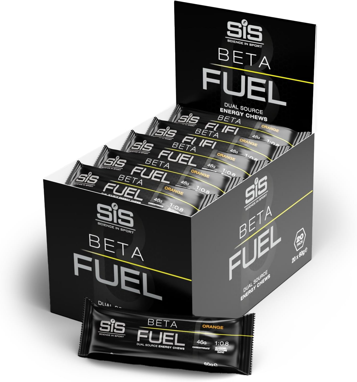 Science in Sport Beta Fuel Dual Source Energy Chews, Energy Bars, Orange Flavour, 46g of Carbs, 60g Bar (20 Pack)