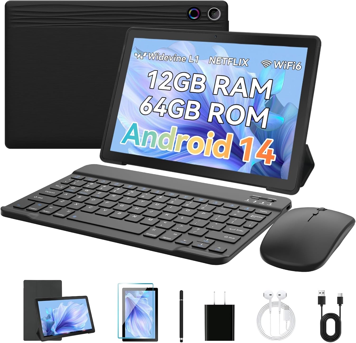 Freeski Tablets 10 inch Tablet Android 14,Octa-Core Processor,12GB RAM 1TB Expand,5G WiFi 6,1280 x 800 HD/Dual 5MP+8MP Camere/Bluetooth 5.0/Face ID,Tablet with Keyboard+ Mouse + Case