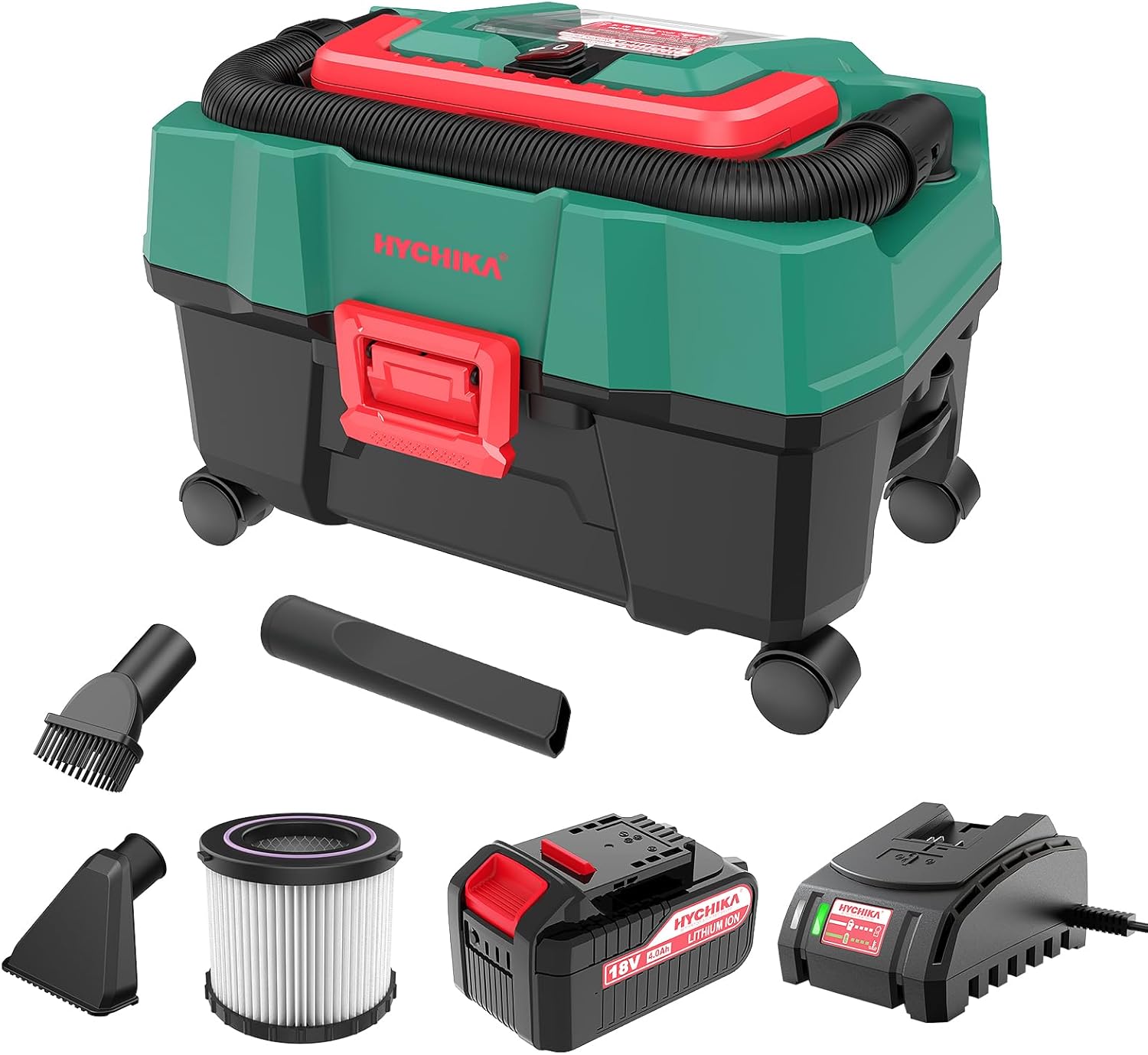 HYCHIKA 18V Cordless Shop Wet Dry vacuums, 4 Gallon Wet and Dry Vacuum Cleaner with Blower, Portable Cordless Vac with 4.0Ah Battery and Charger, for Car Home Garage Boat Outdoor