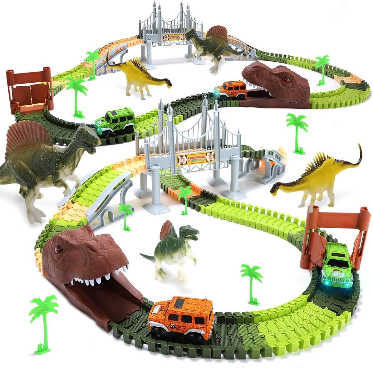 EagleStone Dinosaur Track Adventure Set, 194PCS Buildable Train Tracks with 2 Light-Up Cars, Dino Bridge, Tunnels & 2 Realistic Dinosaurs, STEM Toy Gift for Kids Boys Girls