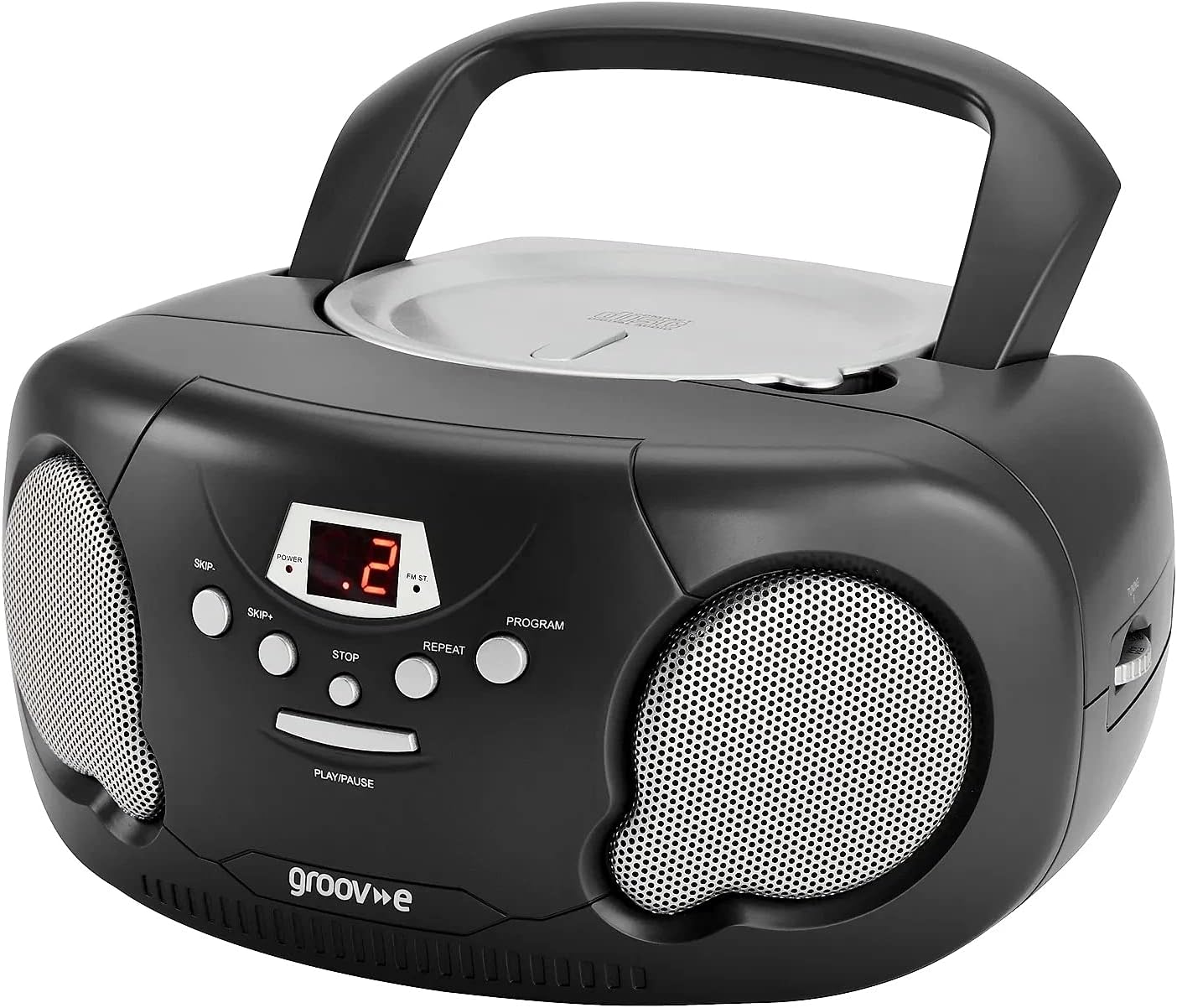 groov e Orginal Boombox - Portable CD Player with Radio, 3.5mm Aux Port, & Headphone Socket - LED Display, 2 x 1.2W Speakers - Battery or Mains Powered - Black