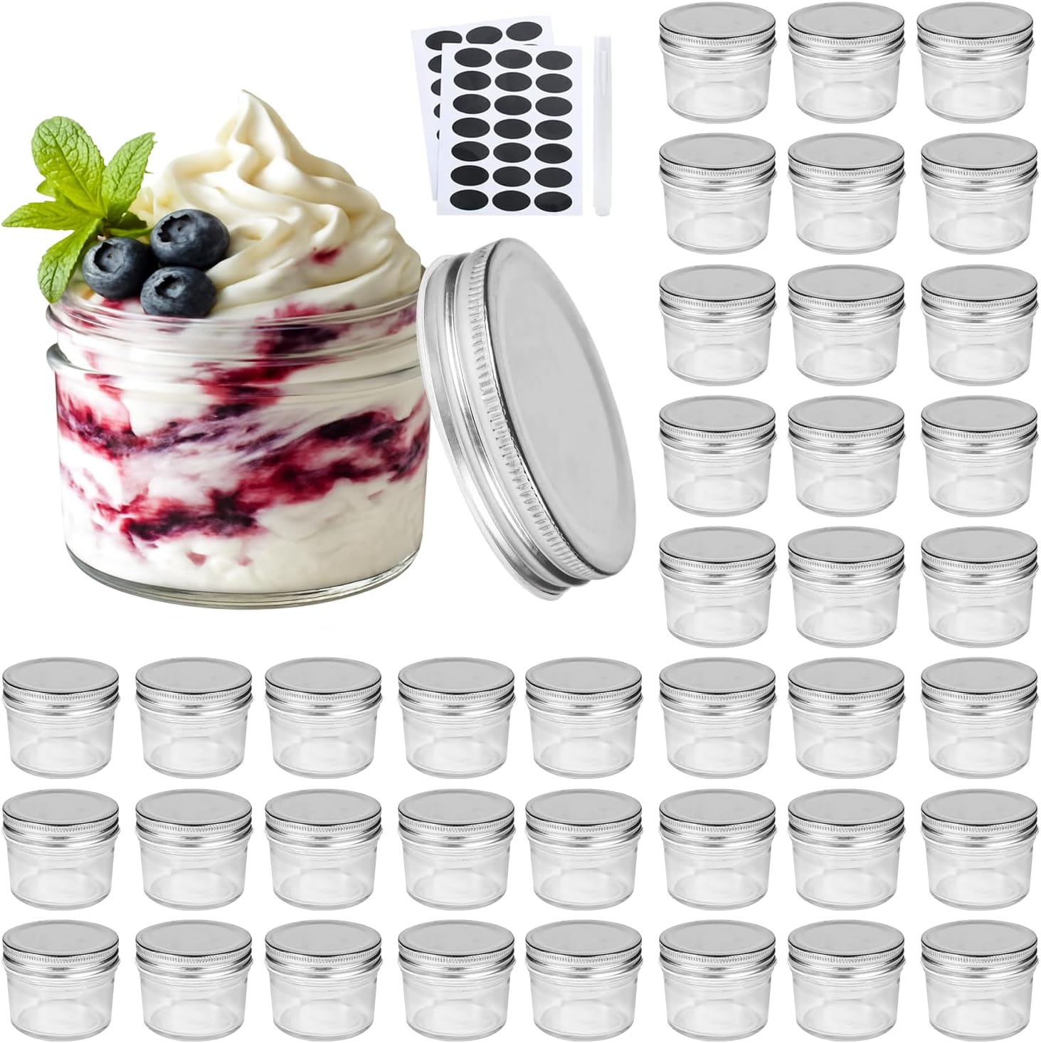 Accguan 4oz Glass Jars With Lids(Silver),Mason Jars,Ideal For Honey,Jam,Wedding Favor,DIY Magnetic Mini Spice Jars For Kitchen,Set of 40