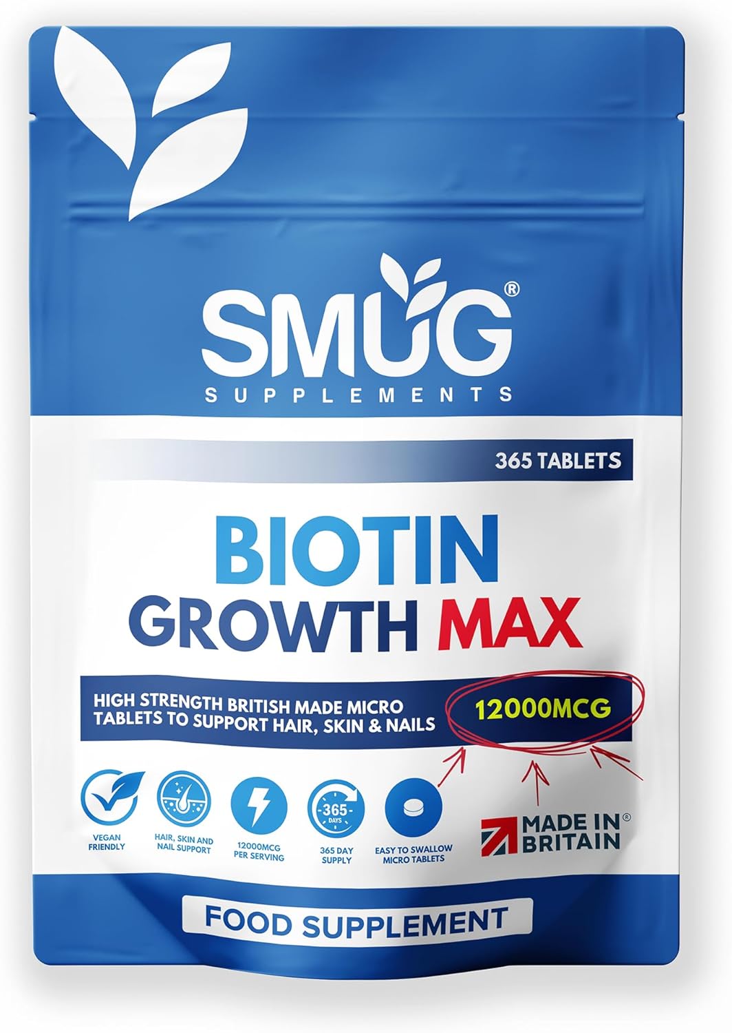 Biotin Hair Growth MAX 12000 mcg British Made by SMUG Supplements - 365 Micro Tablets - One Year Supply - Vegan Hair, Nail and Skin Vitamin Support - Suitable for Men and Women