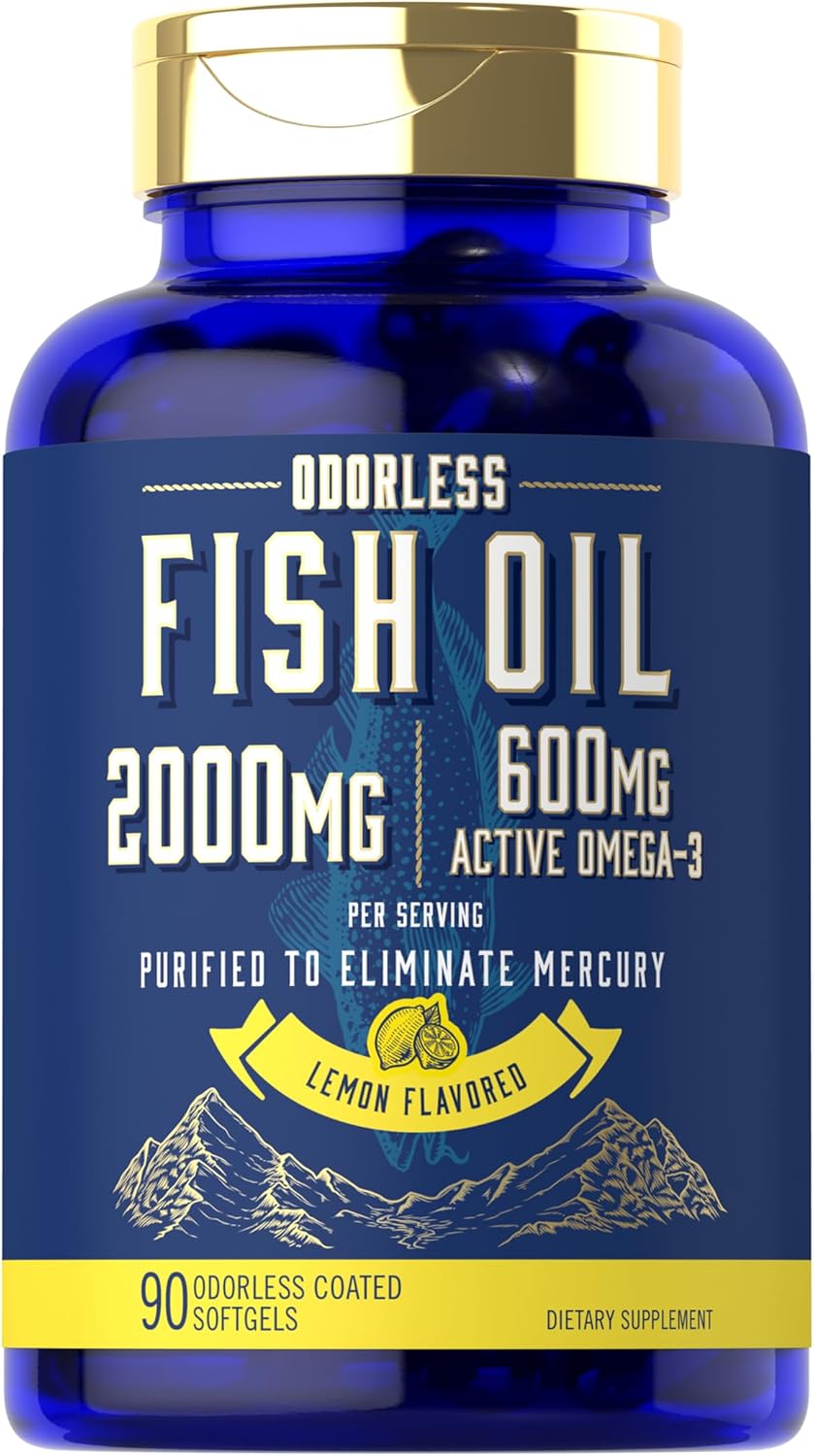 Carlyle Fish Oil 2000mg | 600mg Omega 3 Supplement for Men & Women | 90 Odorless Softgels | Lemon Flavored | Non-GMO and Gluten Free