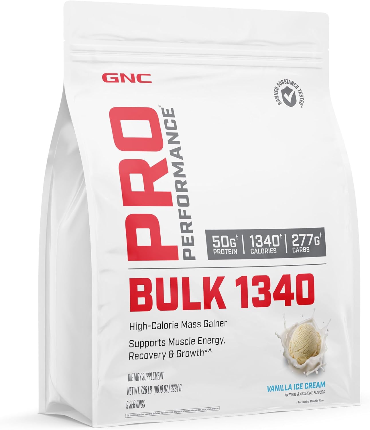 GNC Pro Performance Bulk 1340 Mass Gainer Protein Powder, 50g, Gluten Free, Whey, Creatine, BCAA, 3rd Party Tested, Muscle Recovery & Growth, Micronutrients, Vanilla Ice Cream, 9 Servings