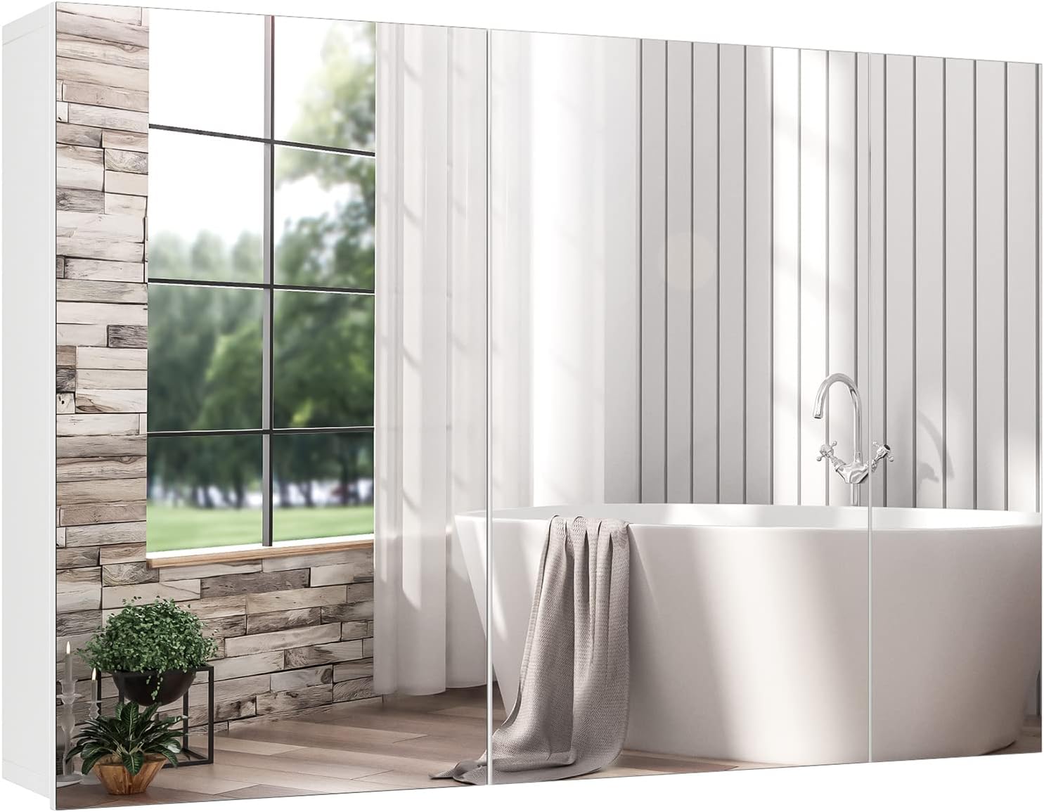 FOTOSOK Medicine Cabinet with 3 Mirrored Doors, Surface or Recessed Mount Bathroom Medicine Cabinet, Frameless Mirror Cabinet, 34.4" W x6.1 D x 23.6" H