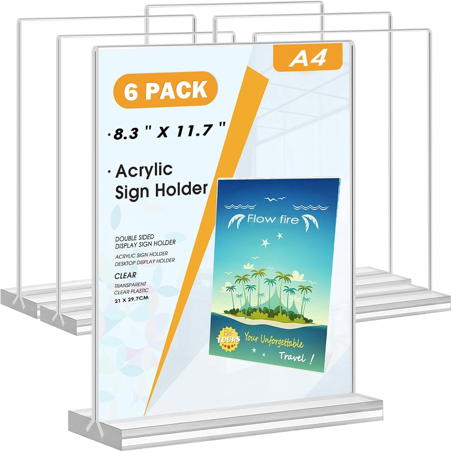 Flow fire A4 Acrylic Sign Holder, 6 Pack T-Shape Perspex A4 Menu Display Stand for Poster, Office Store Restaurant