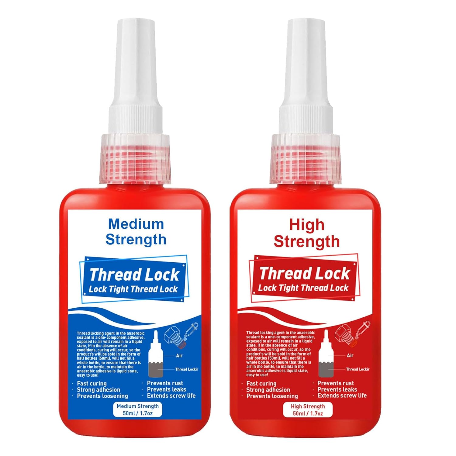 Thread Lock High Strength+Medium Strength, 100ml Locktight Threadlock Prevent Nuts, Bolts, Fasteners and Screws from Loosening Due to Prolonged Vibration, Thus Locking and Sealing Metal Nuts and Bolts